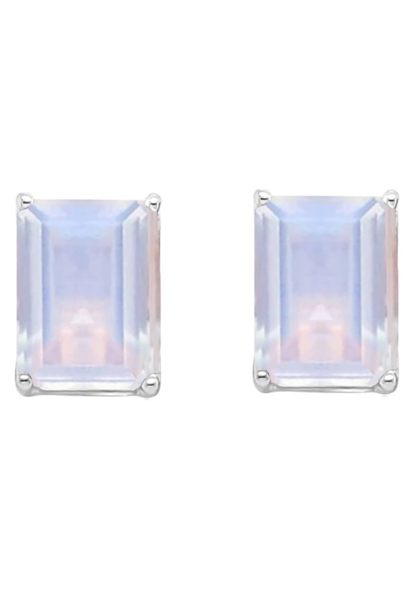 Sterling Silver 8x6mm Emerald Cut Moonstone Stud Earrings