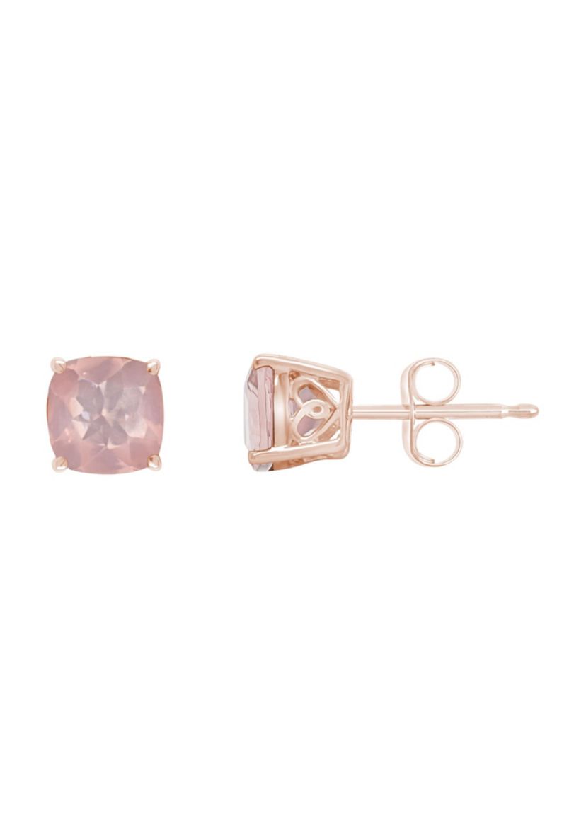 Sterling Silver/14K Rose Gold Plated 6mm Cushion Rose Quartz Stud Earrings