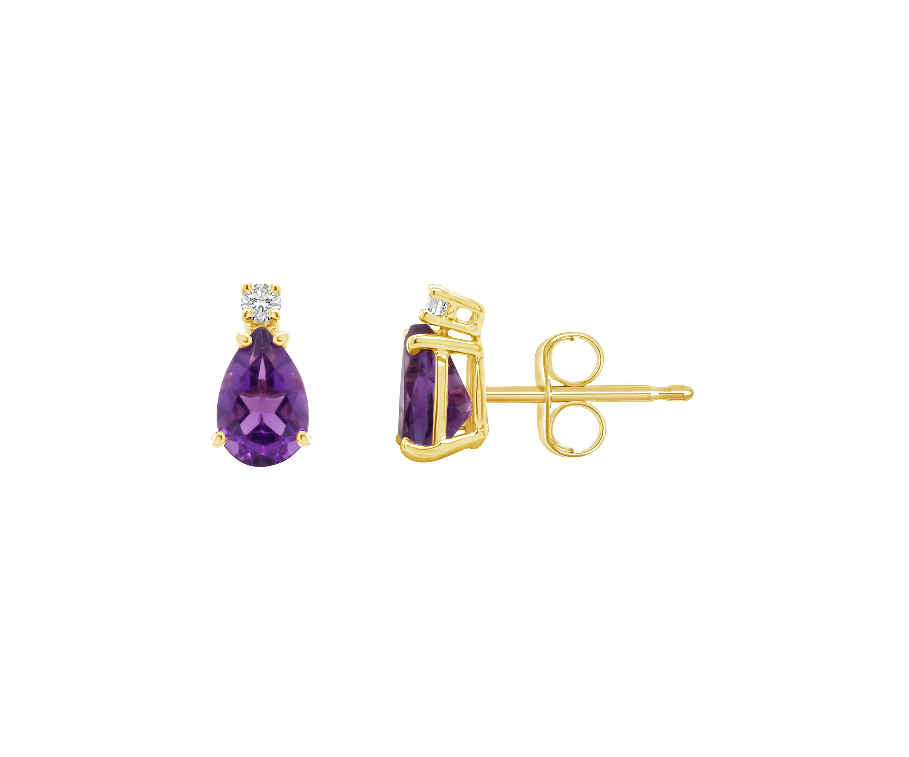 14K Gold 6x4 Pear Shape Amethyst Diamond Accent Earrings