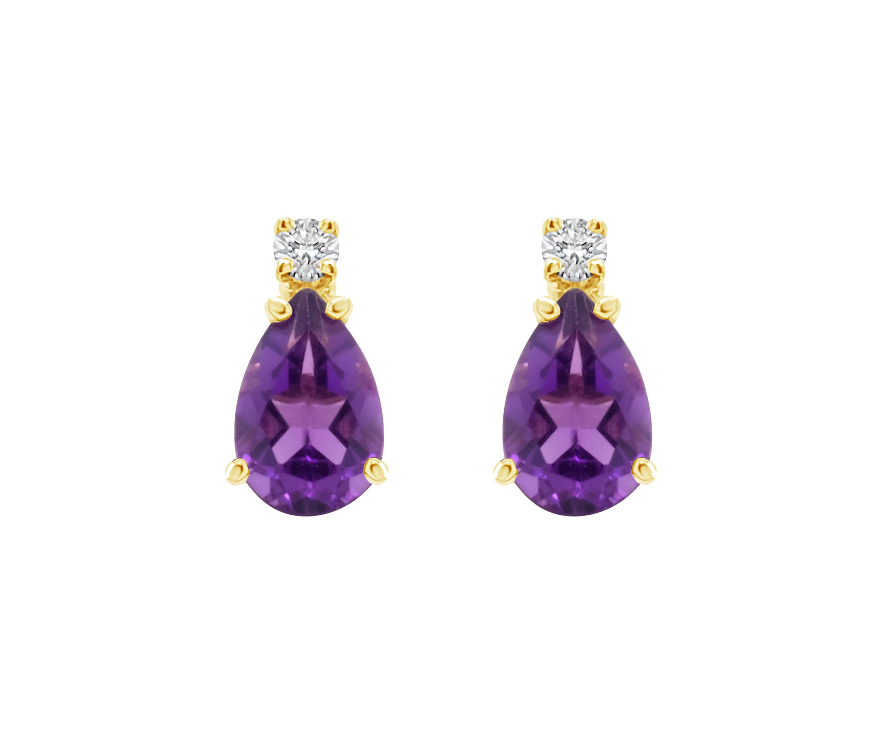 14K Gold 6x4 Pear Shape Amethyst Diamond Accent Earrings