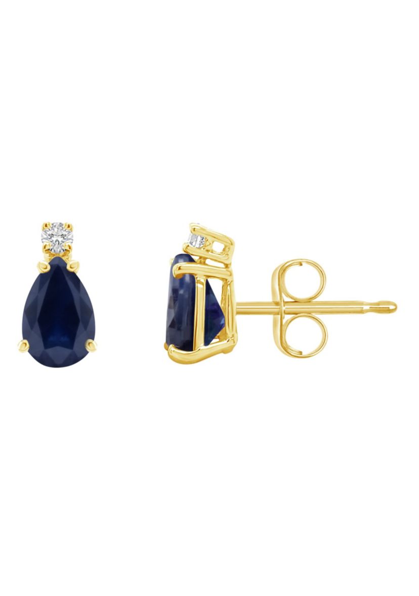 14K Gold 6x4 Pear Shape Sapphire Diamond Accent Earrings
