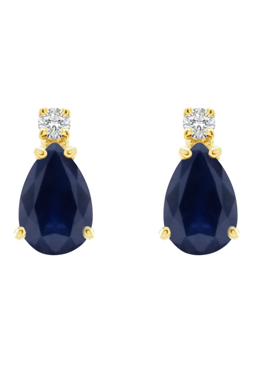 14K Gold 6x4 Pear Shape Sapphire Diamond Accent Earrings