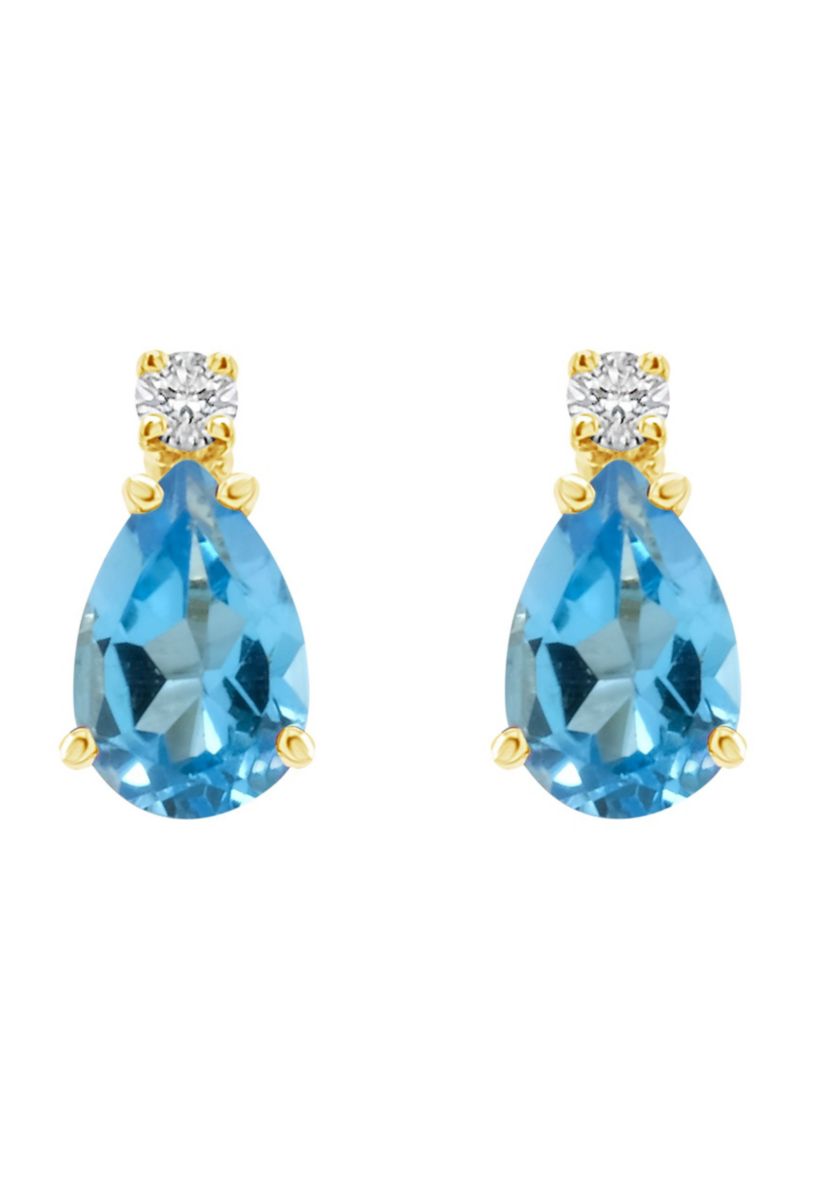 14K Gold 6x4 Pear Shape Blue Topaz Diamond Accent Earrings