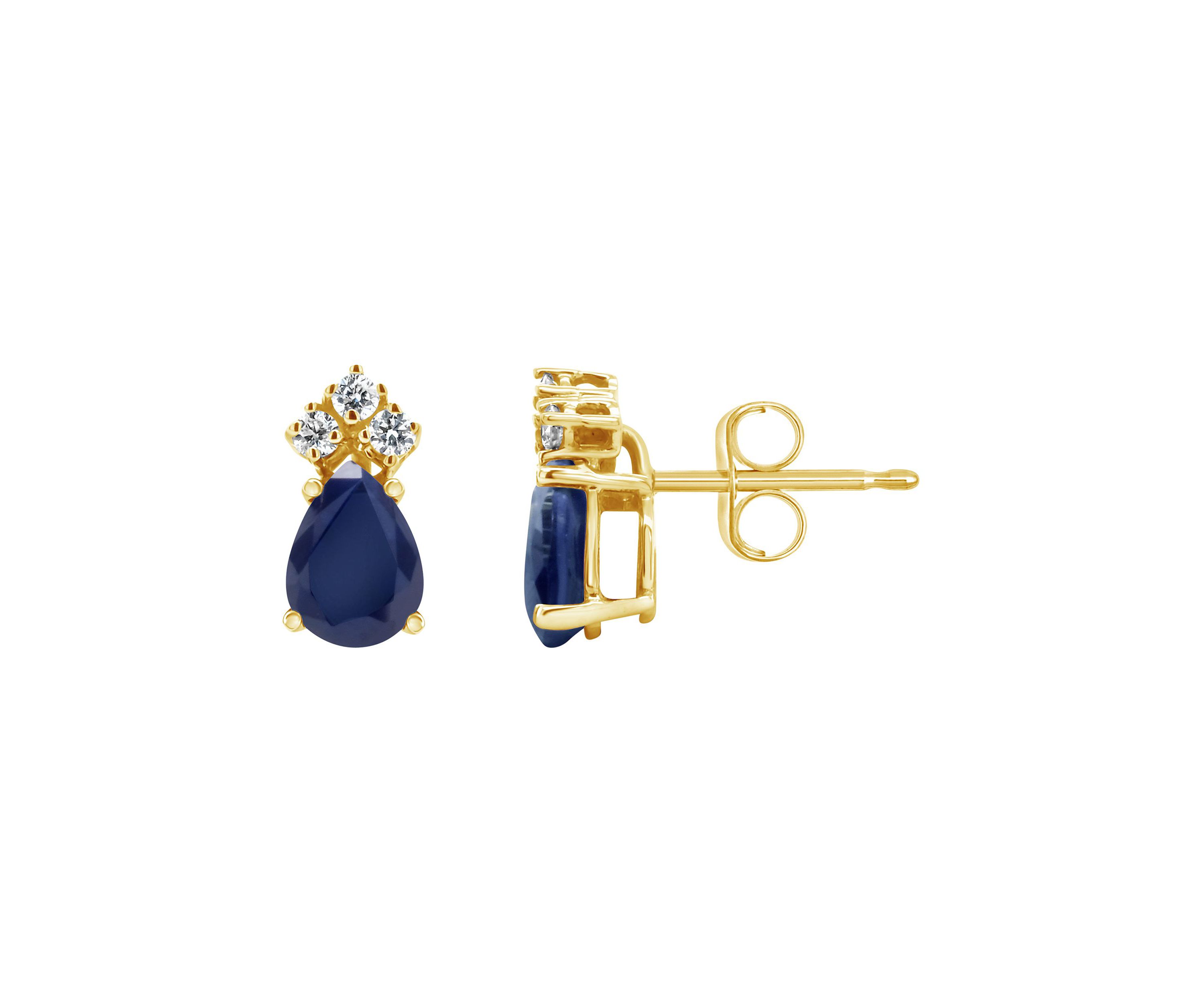 14K Gold 6x4 Pear Shape Sapphire 1/8 Cttw Diamond Earrings