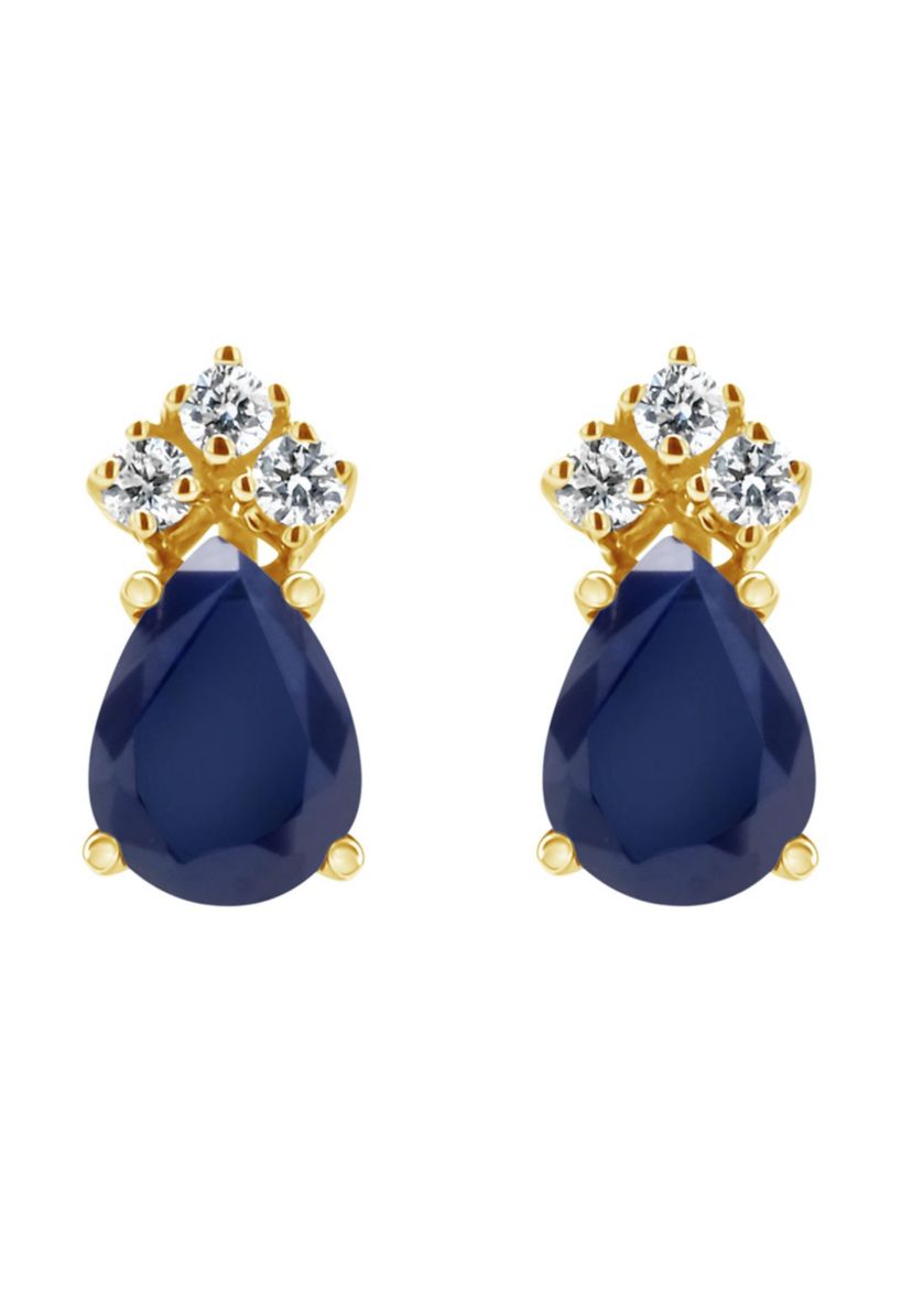 14K Gold 6x4 Pear Shape Sapphire 1/8 Cttw Diamond Earrings