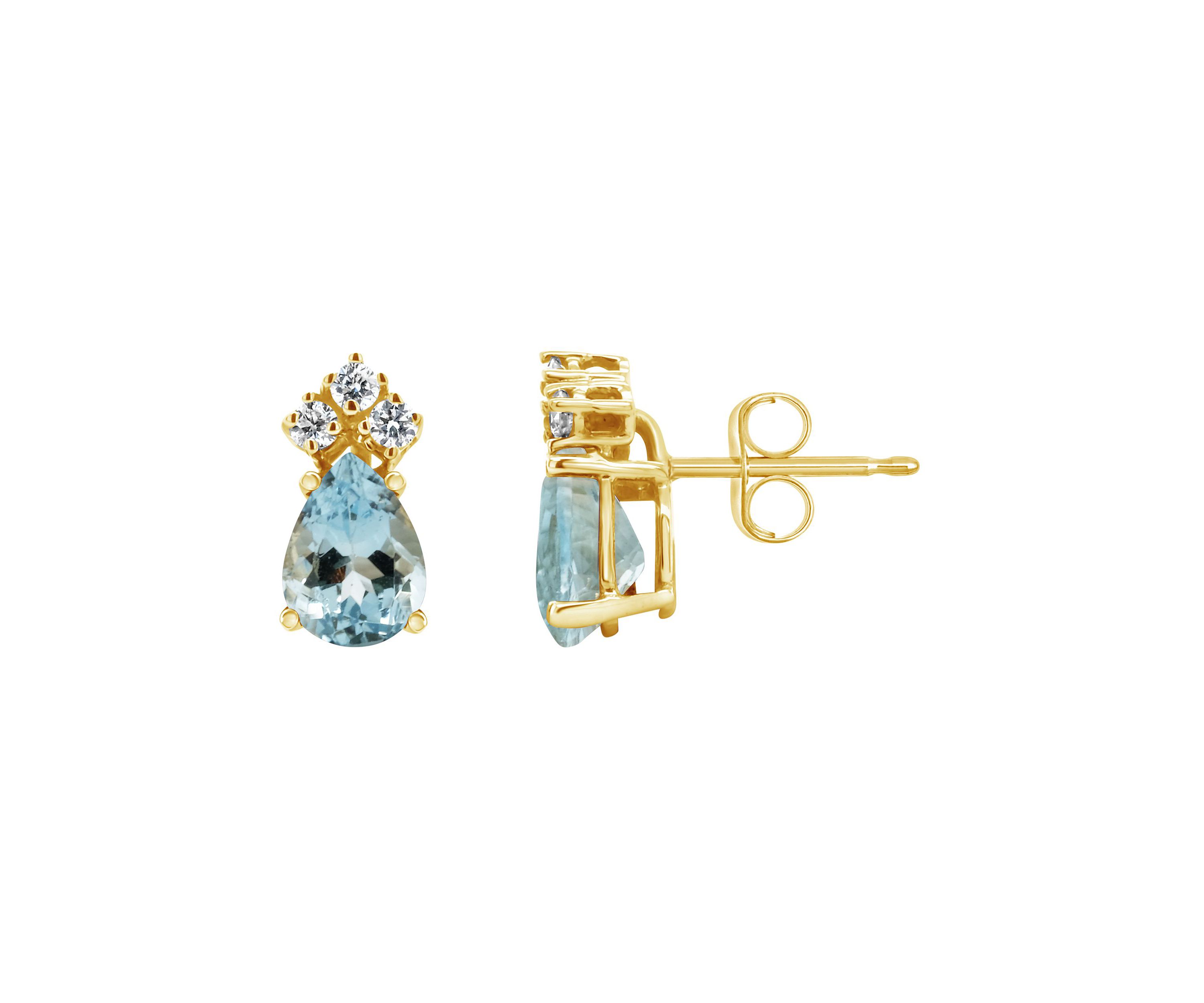 14K Gold 7x5 Pear Shape Aquamarine 1/8 Cttw Diamond Earrings