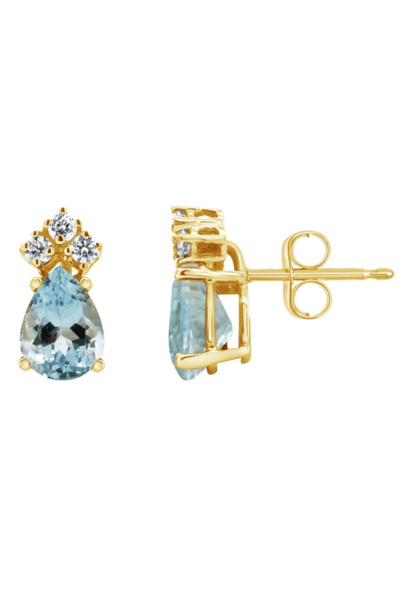 14K Gold 7x5 Pear Shape Aquamarine 1/8 Cttw Diamond Earrings