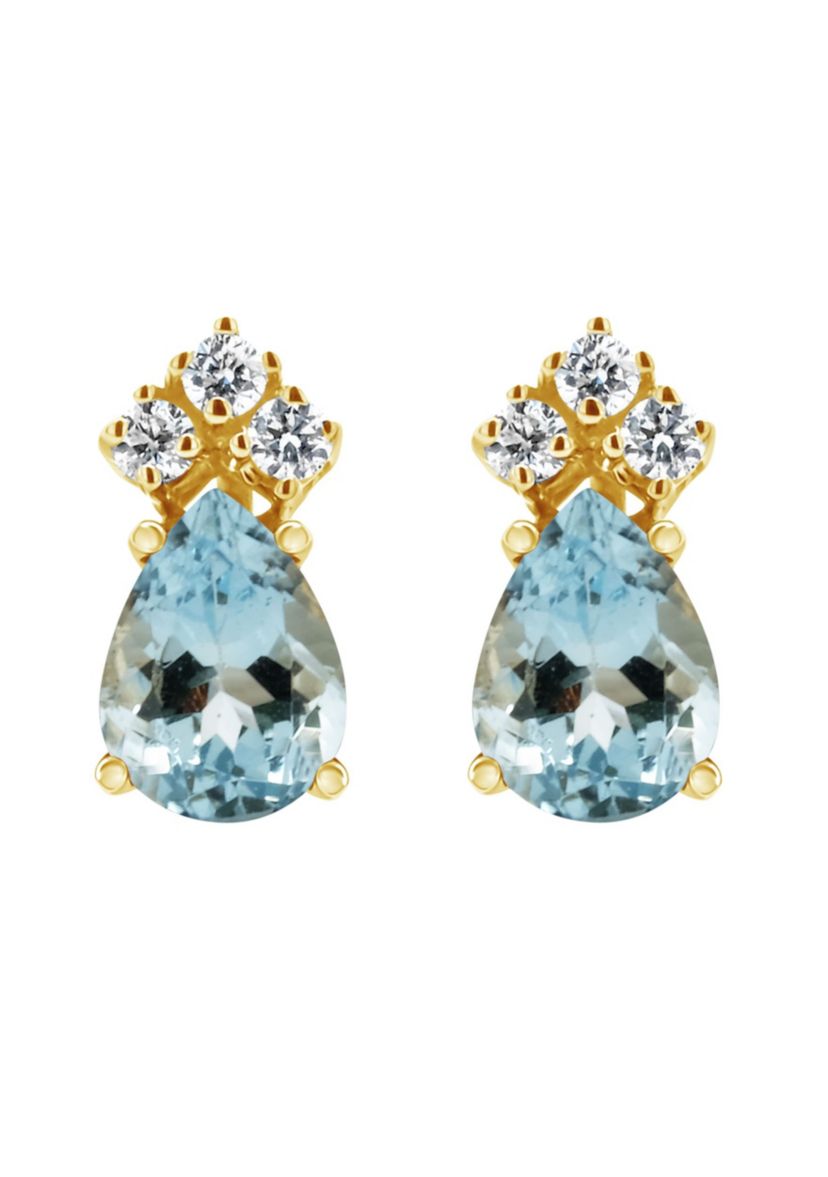 14K Gold 7x5 Pear Shape Aquamarine 1/8 Cttw Diamond Earrings