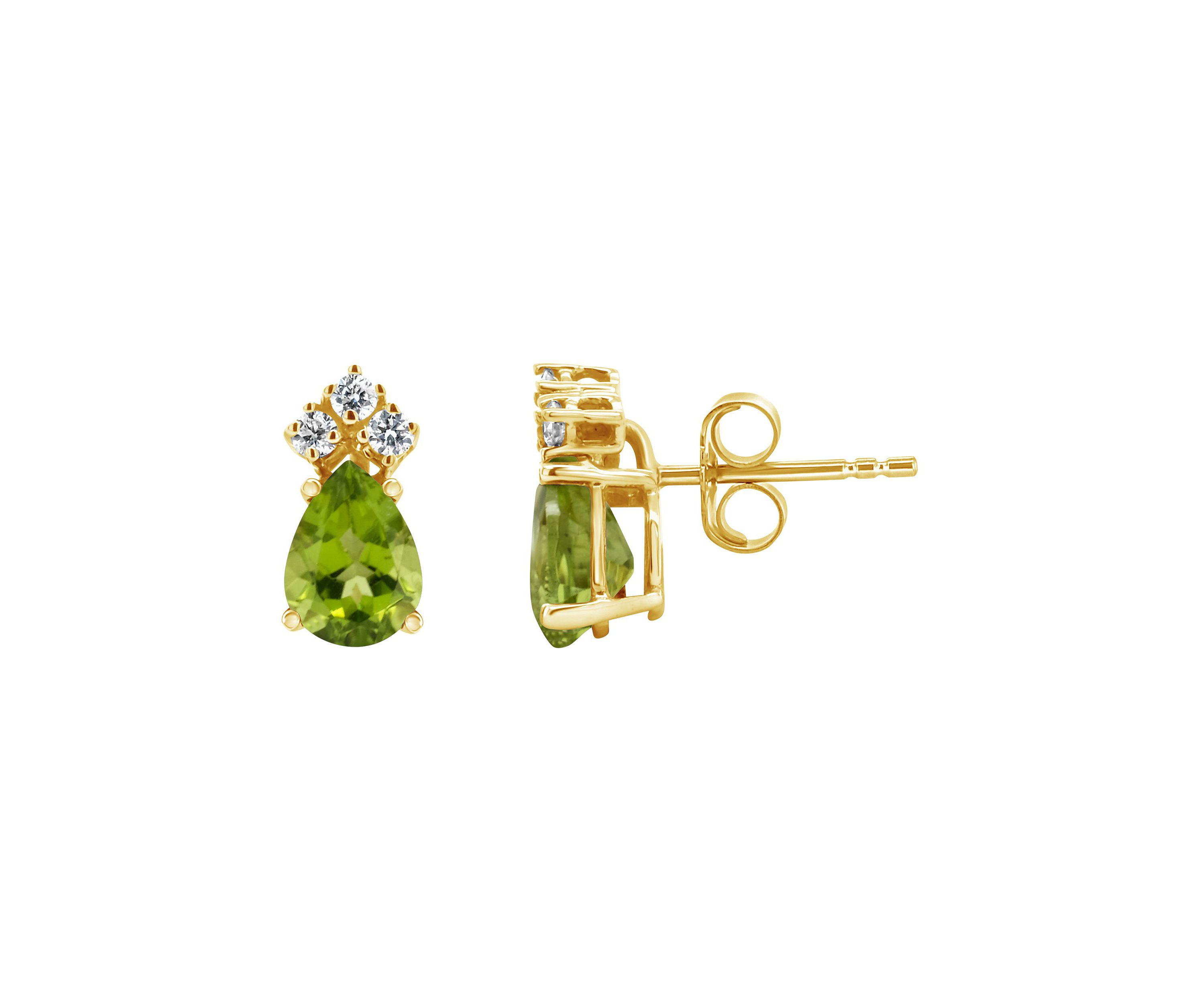14K Gold 7x5 Pear Shape Peridot 1/8 Cttw Diamond Earrings