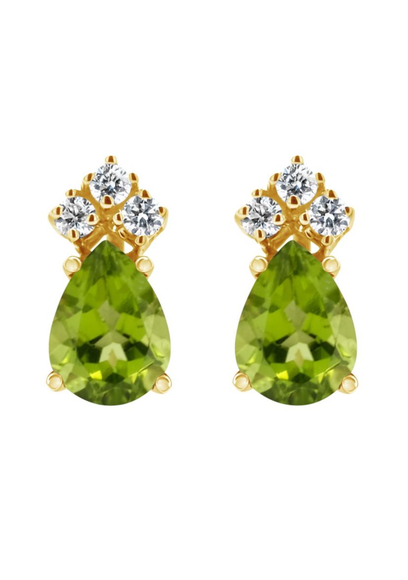 14K Gold 7x5 Pear Shape Peridot 1/8 Cttw Diamond Earrings