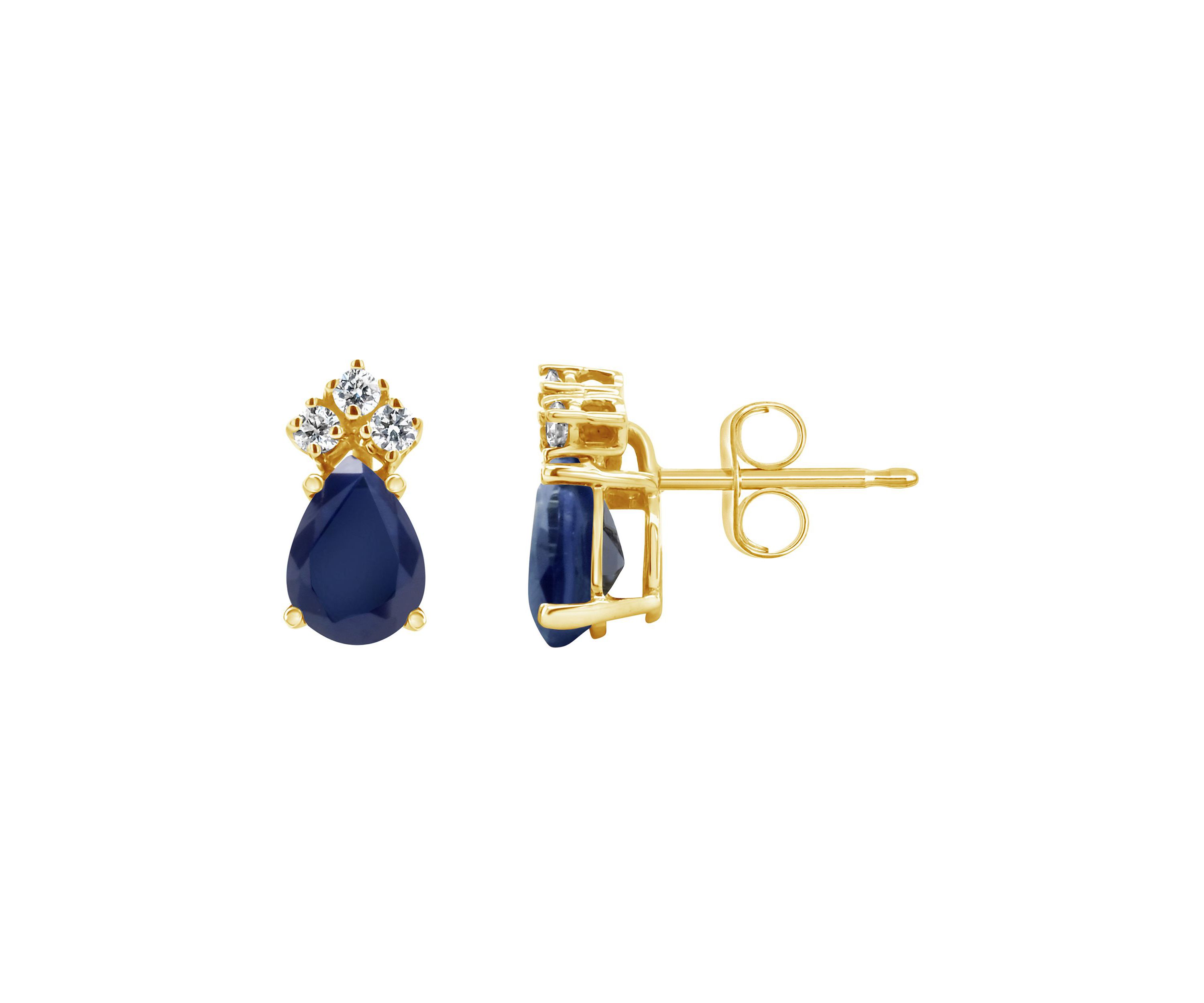14K Gold 7x5 Pear Shape Sapphire 1/8 Cttw Diamond Earrings