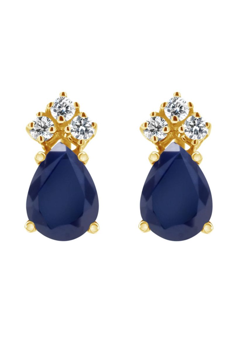 14K Gold 7x5 Pear Shape Sapphire 1/8 Cttw Diamond Earrings