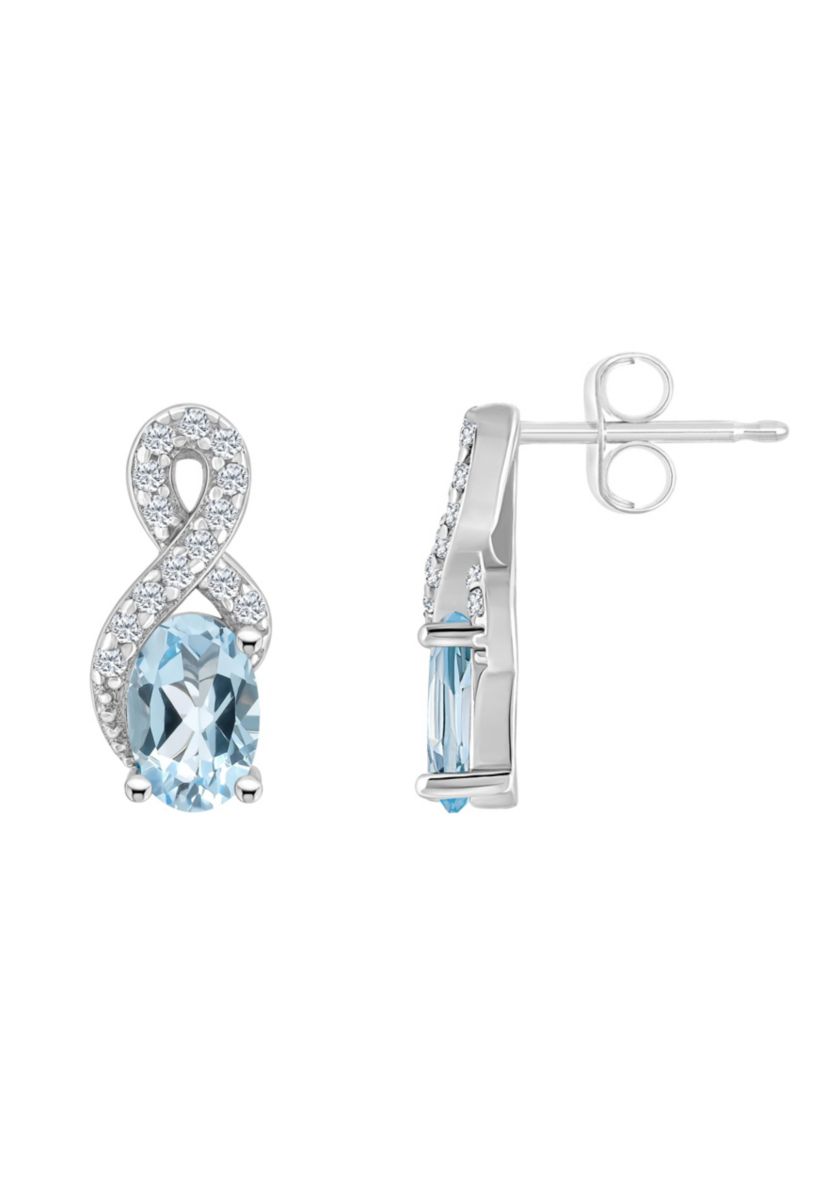 Sterling Silver 6x4mm Oval Sky Blue Topaz and White Topaz Accent Earrings