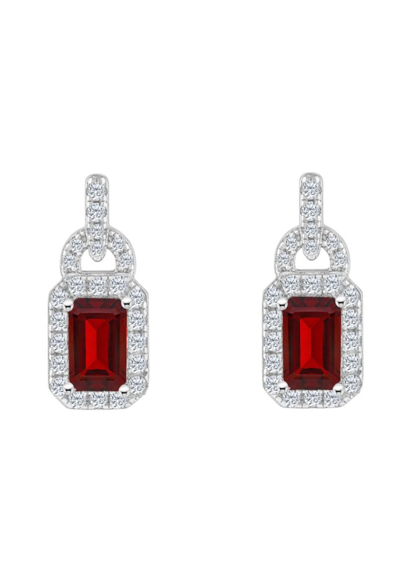 Sterling Silver 6x4mm Emerald Cut Garnet and White Topaz Accent Earrings