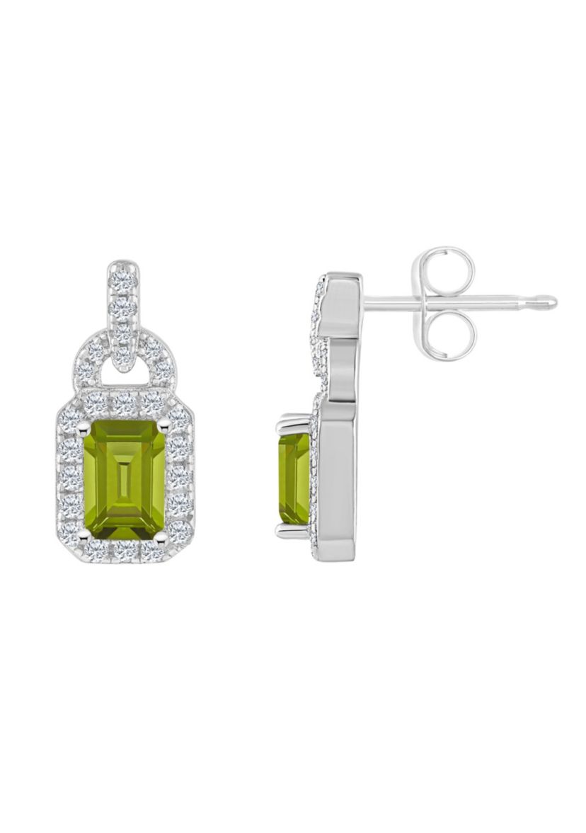 Sterling Silver 6x4mm Emerald Cut Peridot and White Topaz Accent Earrings