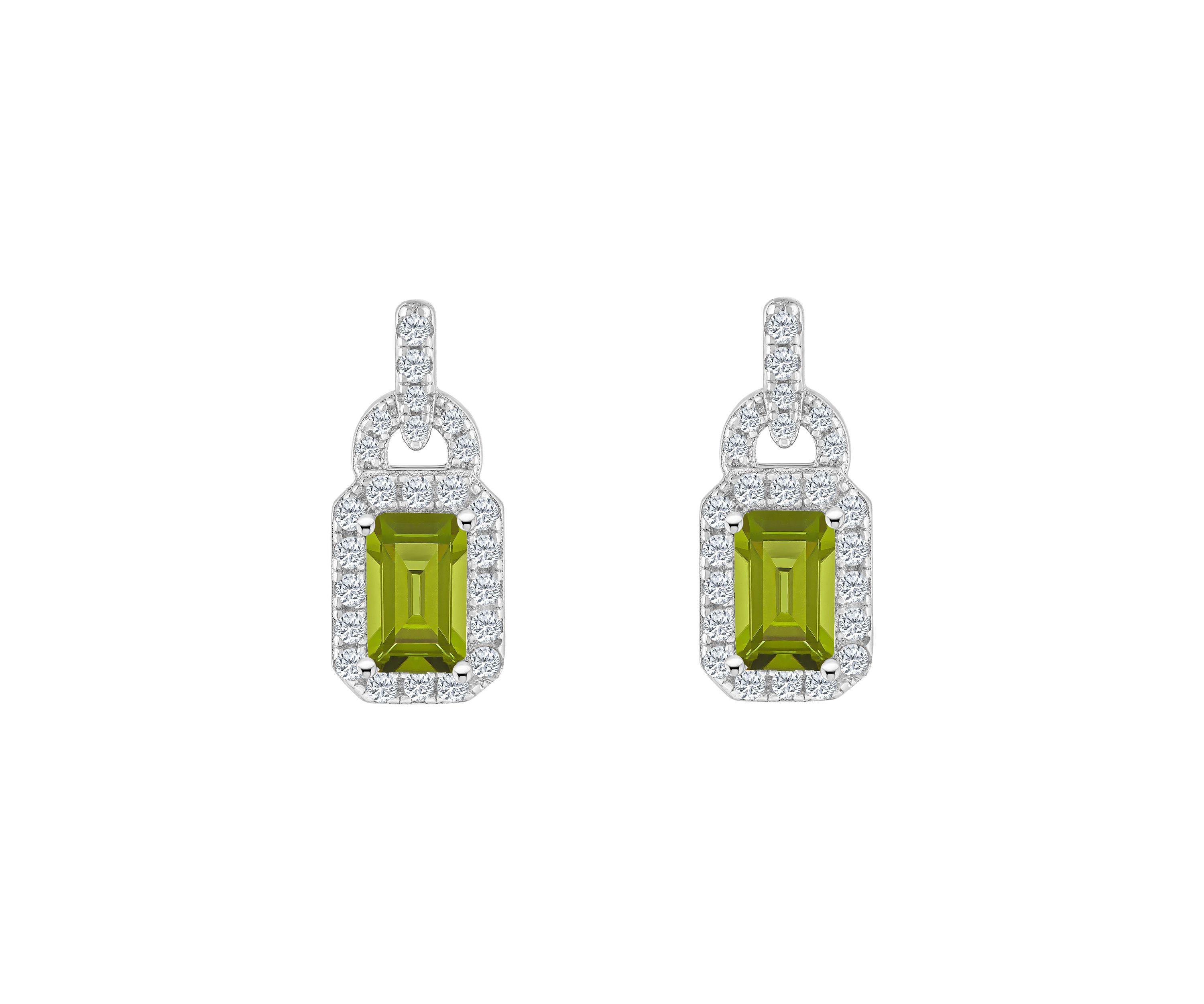Sterling Silver 6x4mm Emerald Cut Peridot and White Topaz Accent Earrings