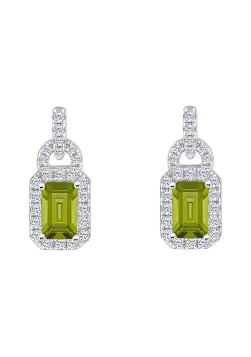 Sterling Silver 6x4mm Emerald Cut Peridot and White Topaz Accent Earrings