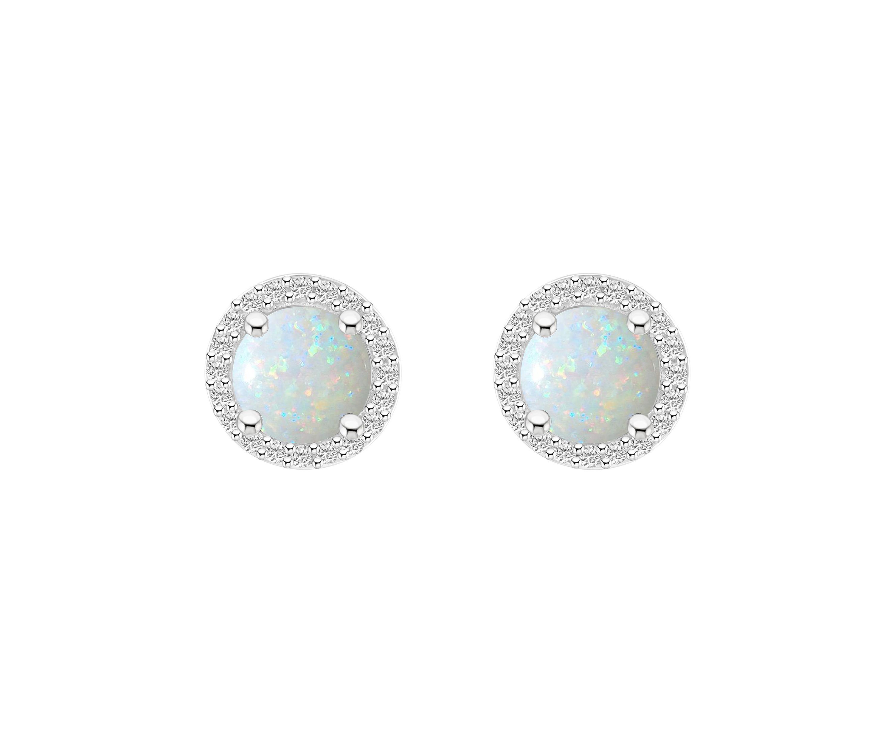 Lab Created 10K White Gold 6mm Round Created Opal And Created White Sapphire Halo Stud Earrings