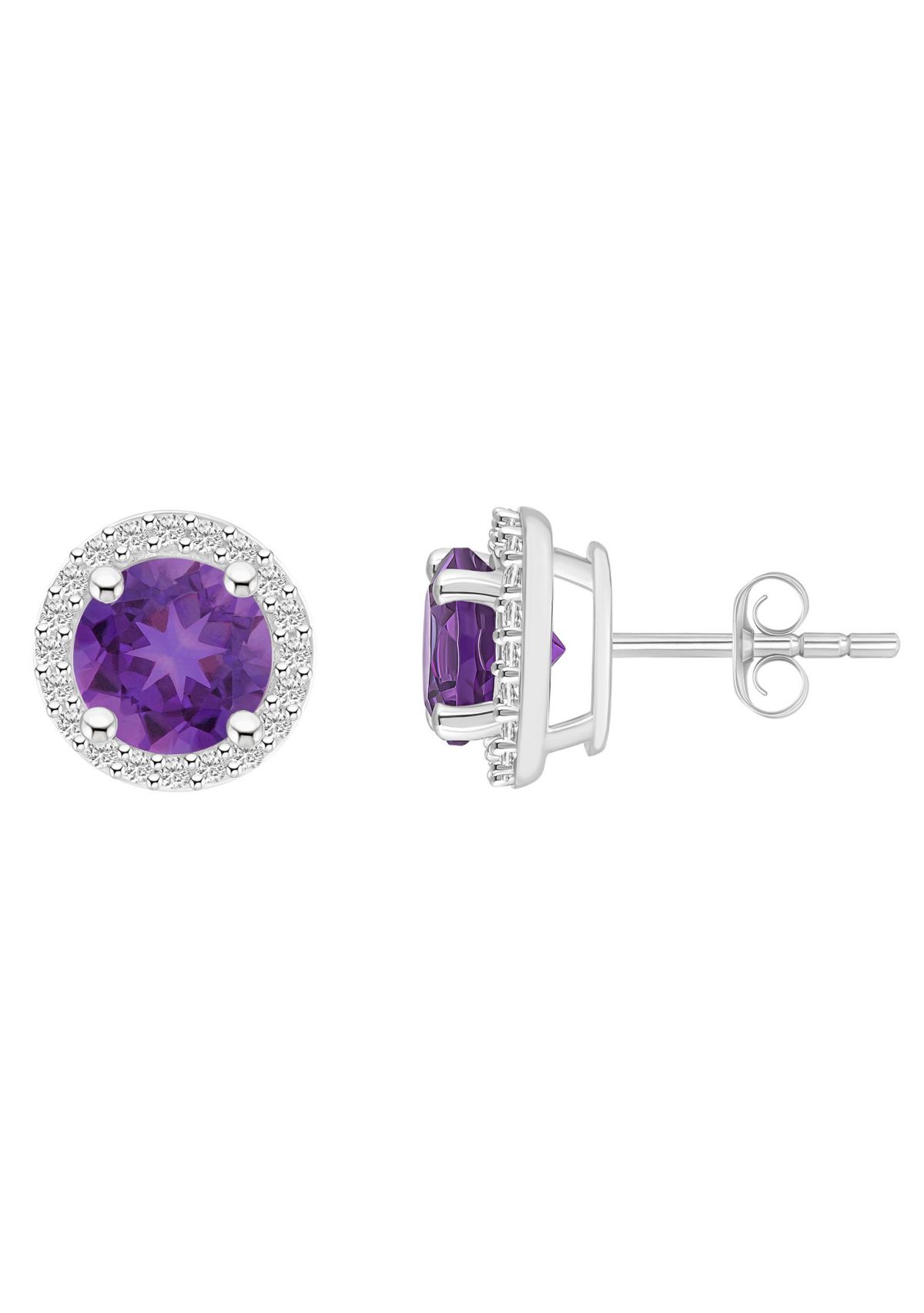 10K White Gold 6mm Round Amethyst And Created White Sapphire Halo Stud Earrings