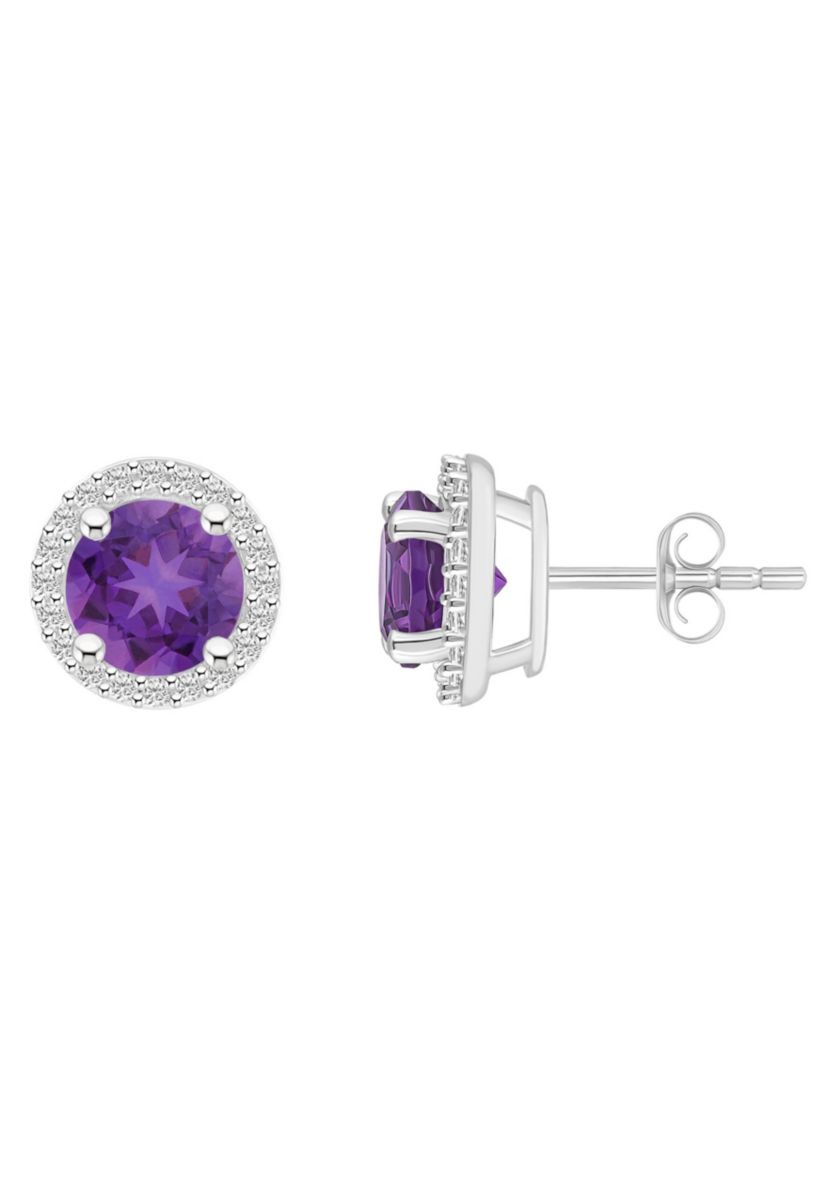 10K White Gold 6mm Round Amethyst And Created White Sapphire Halo Stud Earrings