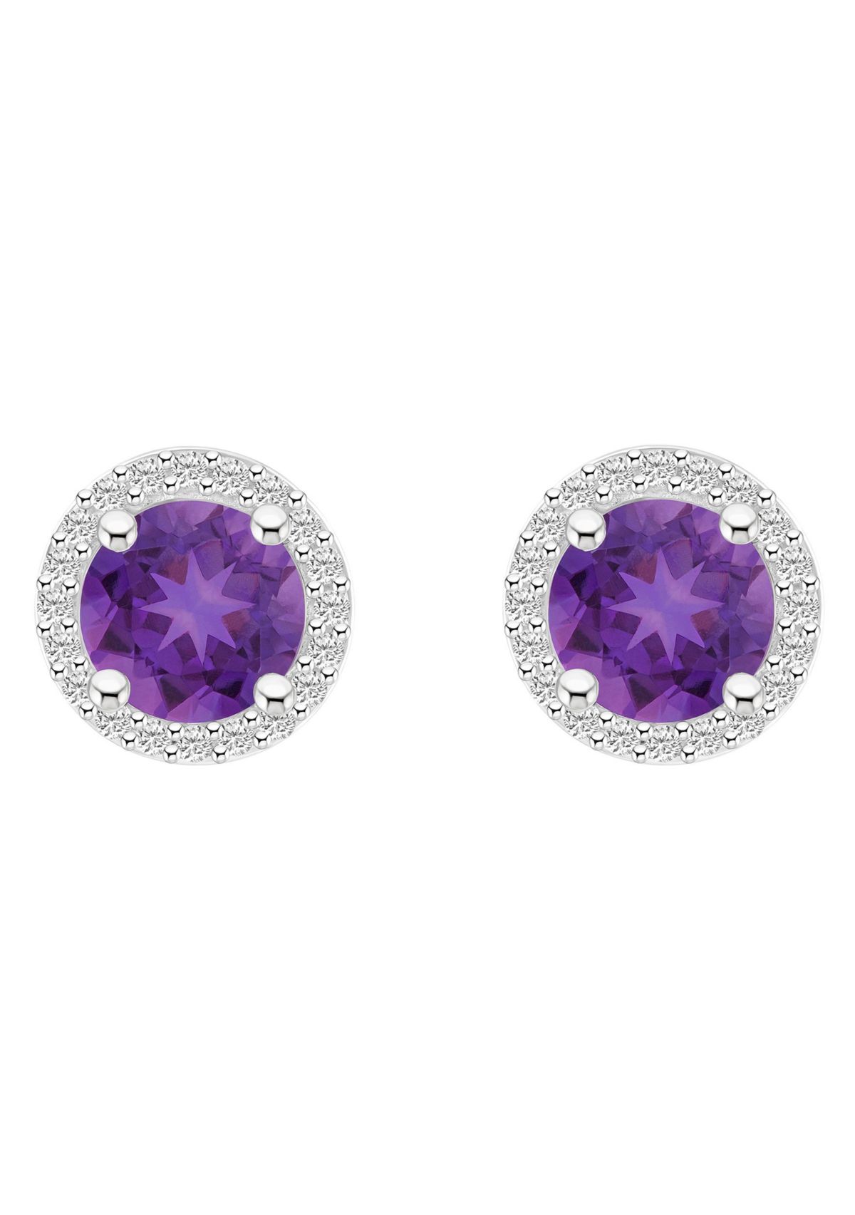 10K White Gold 6mm Round Amethyst And Created White Sapphire Halo Stud Earrings