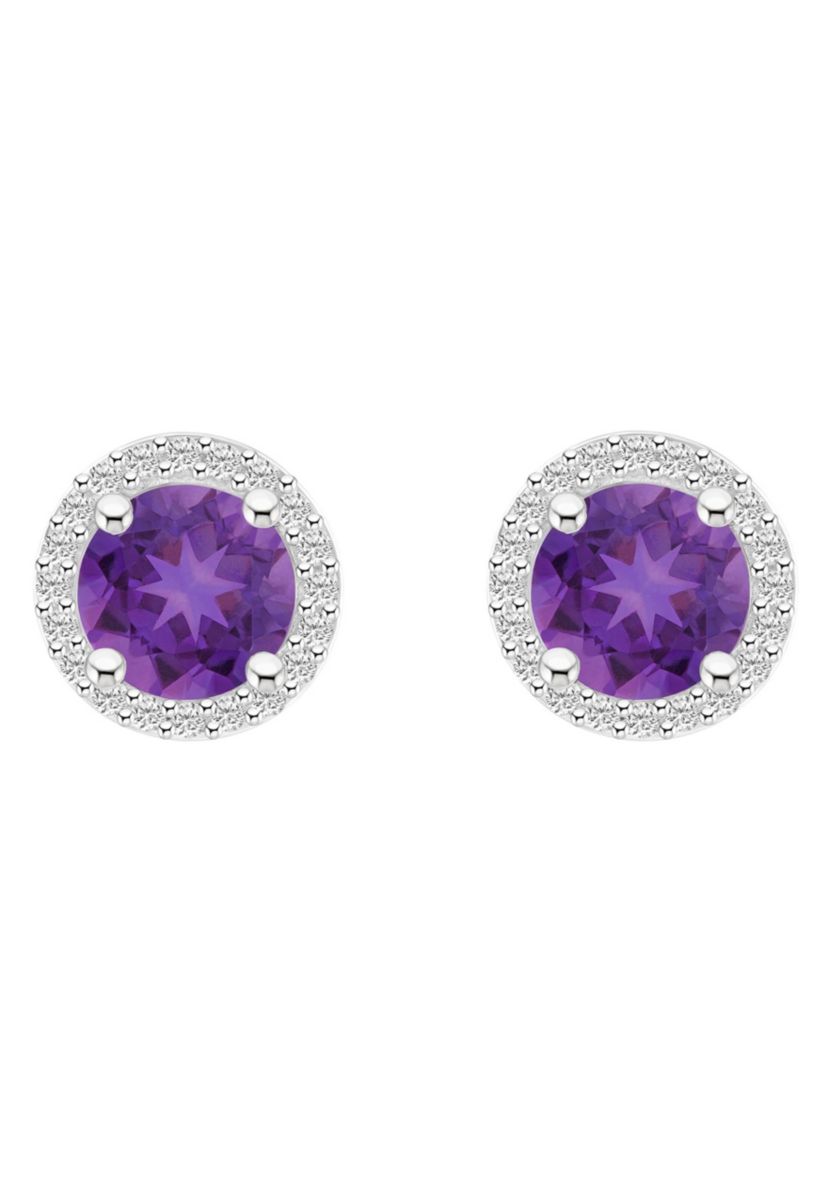 10K White Gold 6mm Round Amethyst And Created White Sapphire Halo Stud Earrings