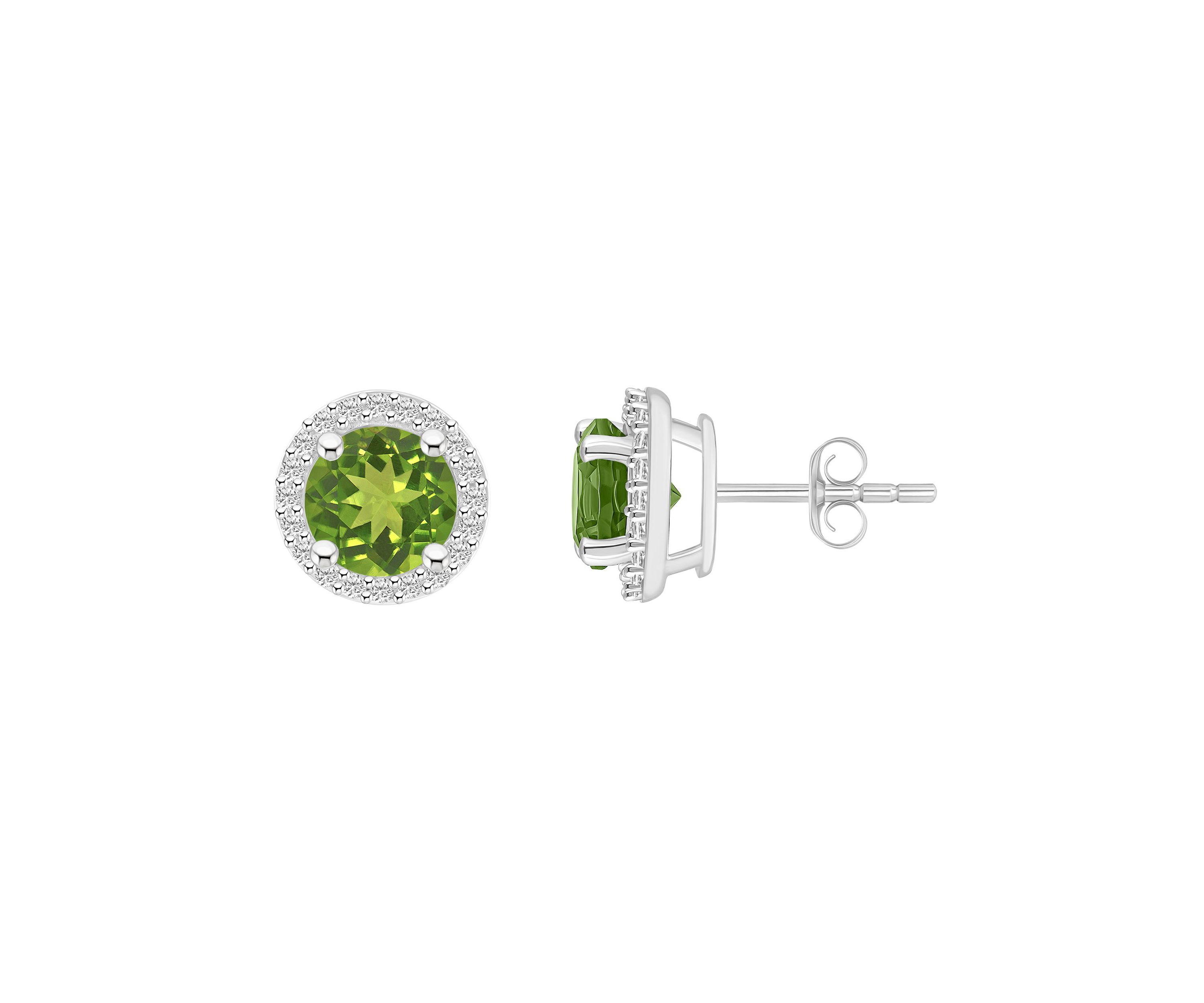 10K White Gold 6mm Round Peridot And Created White Sapphire Halo Stud Earrings