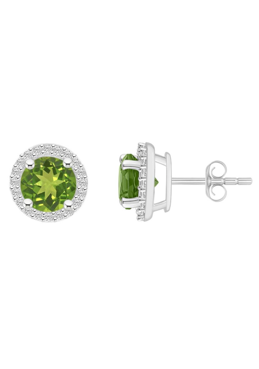 10K White Gold 6mm Round Peridot And Created White Sapphire Halo Stud Earrings