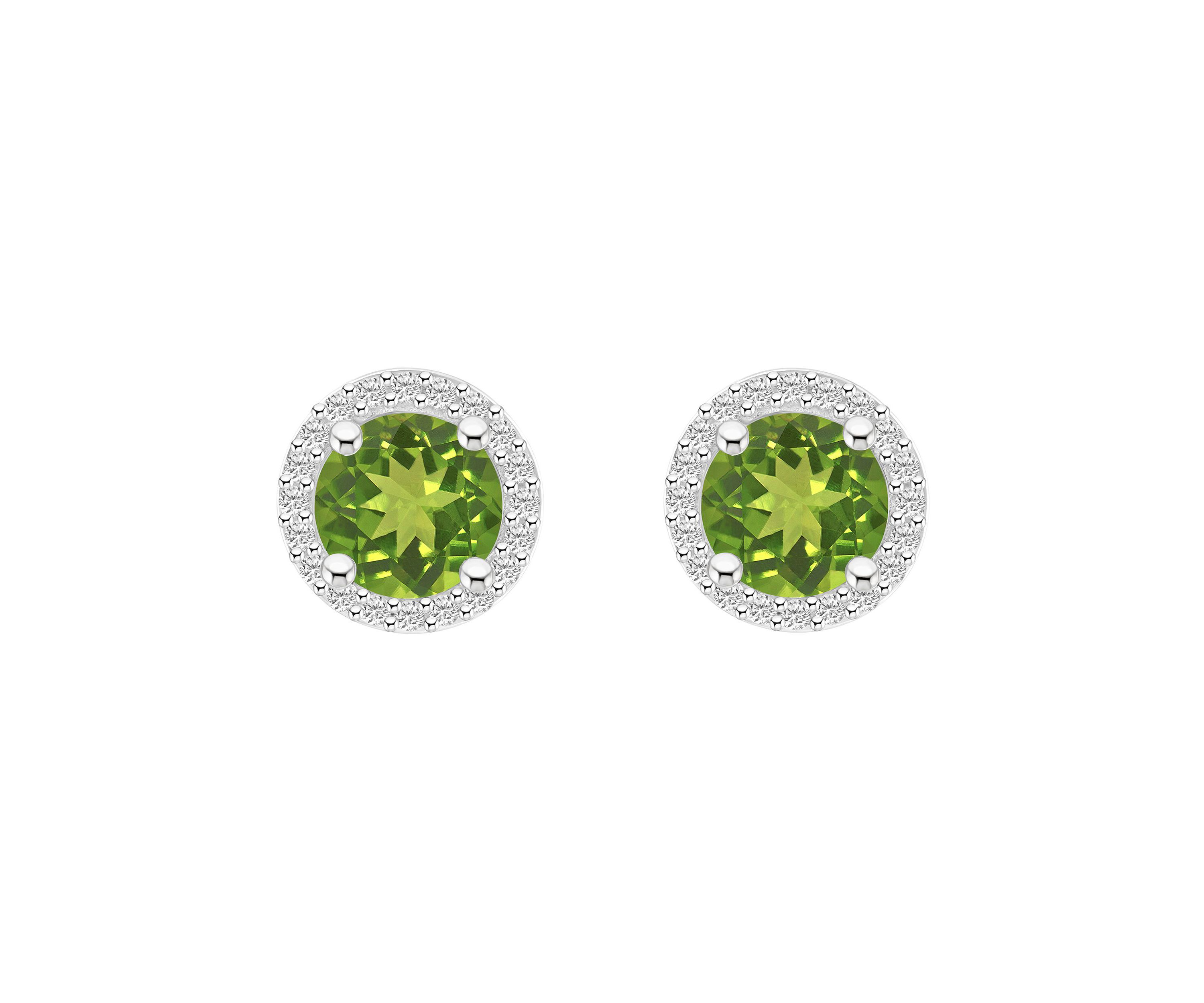 10K White Gold 6mm Round Peridot And Created White Sapphire Halo Stud Earrings