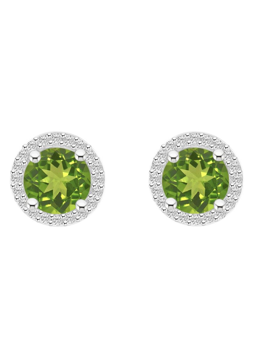 10K White Gold 6mm Round Peridot And Created White Sapphire Halo Stud Earrings