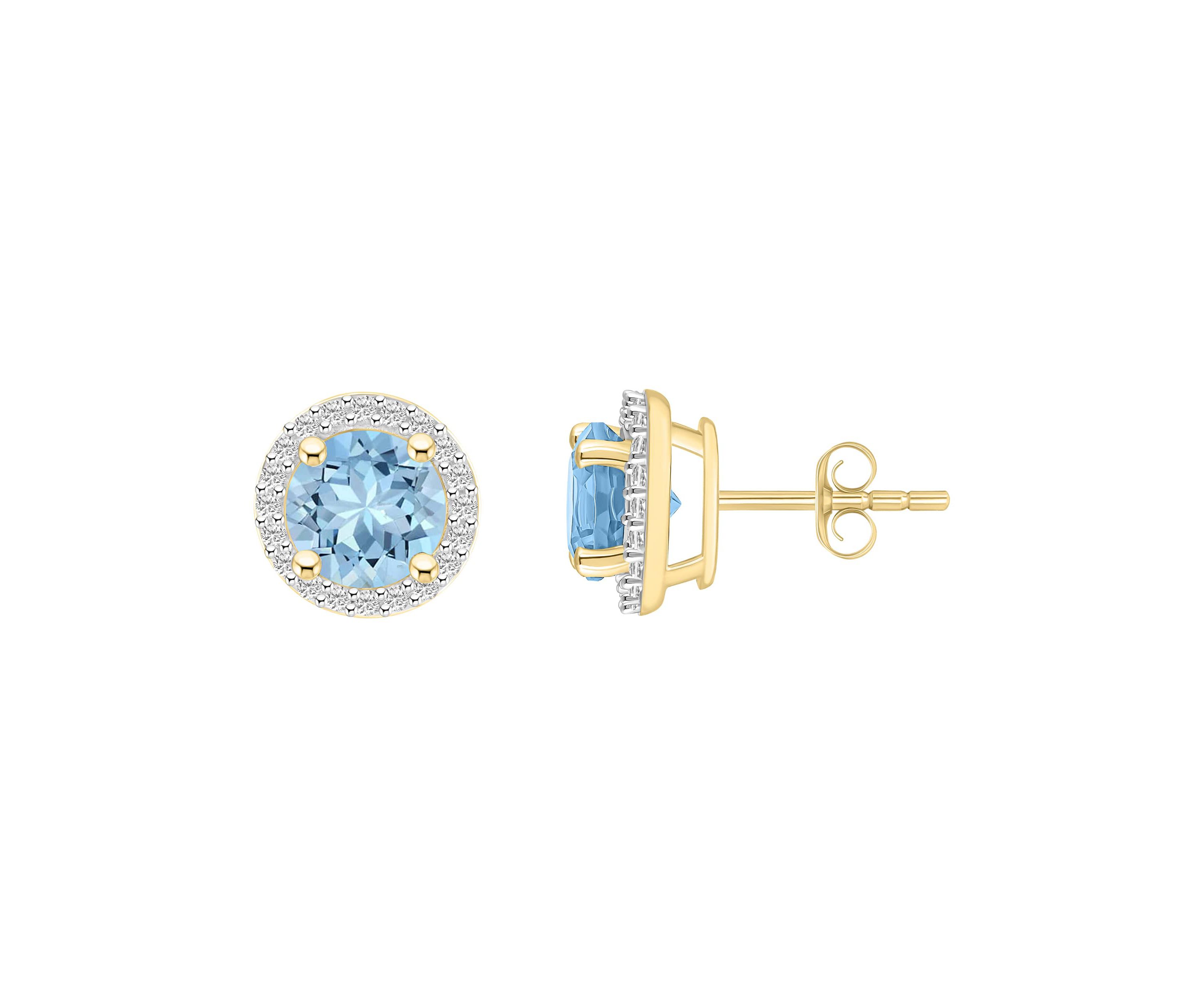 Lab Created 10K Yellow Gold 6mm Round Simulated Aquamarine & Created White Sapphire Halo Stud Earrings
