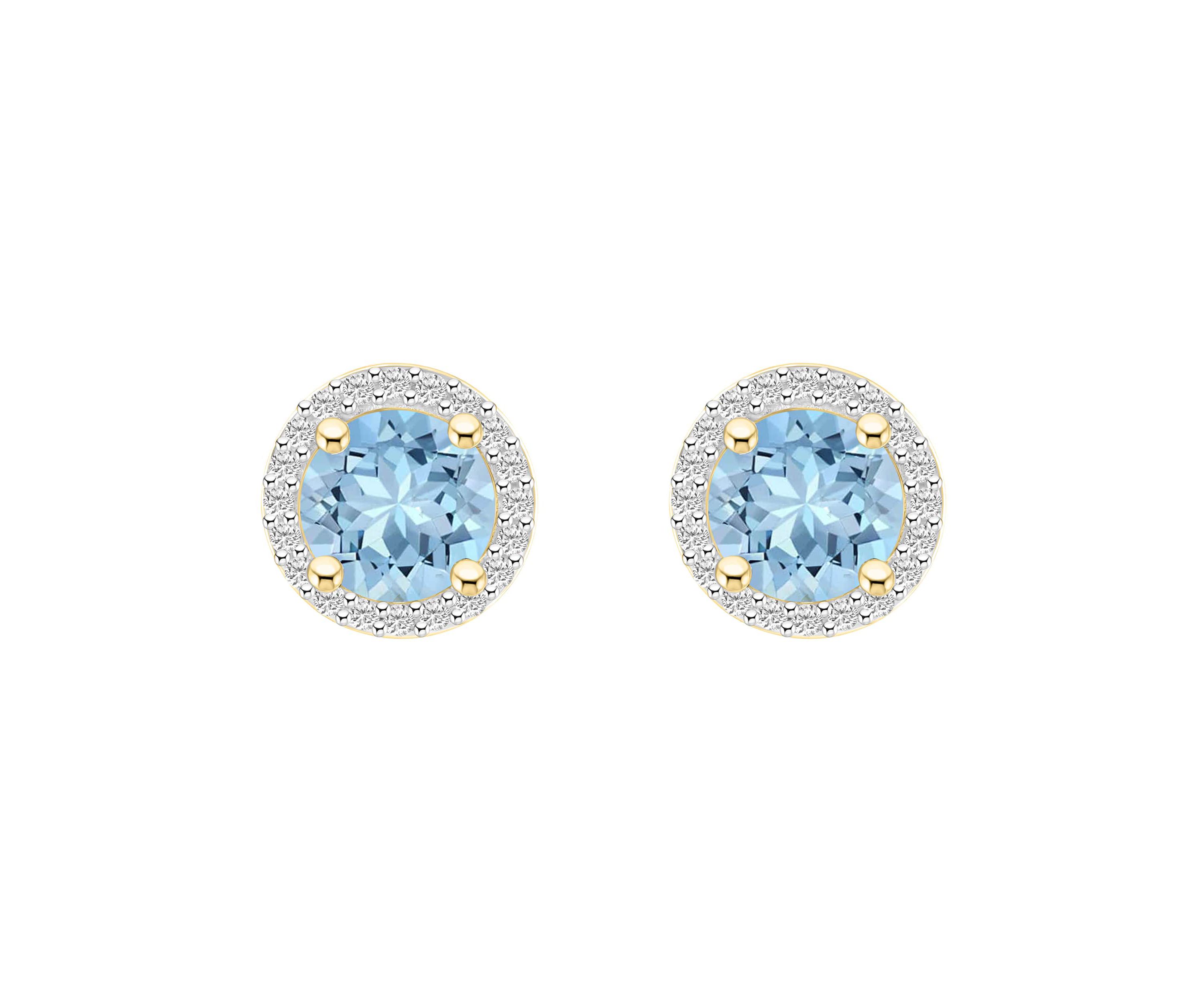 Lab Created 10K Yellow Gold 6mm Round Simulated Aquamarine & Created White Sapphire Halo Stud Earrings