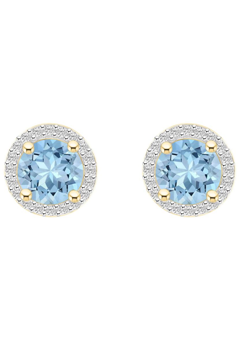 Lab Created 10K Yellow Gold 6mm Round Simulated Aquamarine & Created White Sapphire Halo Stud Earrings