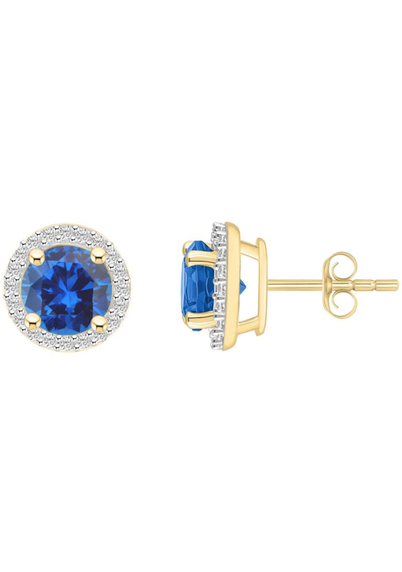 Lab Created 10K Yellow Gold 6mm Round Created Sapphire & Created White Sapphire Halo Stud Earrings