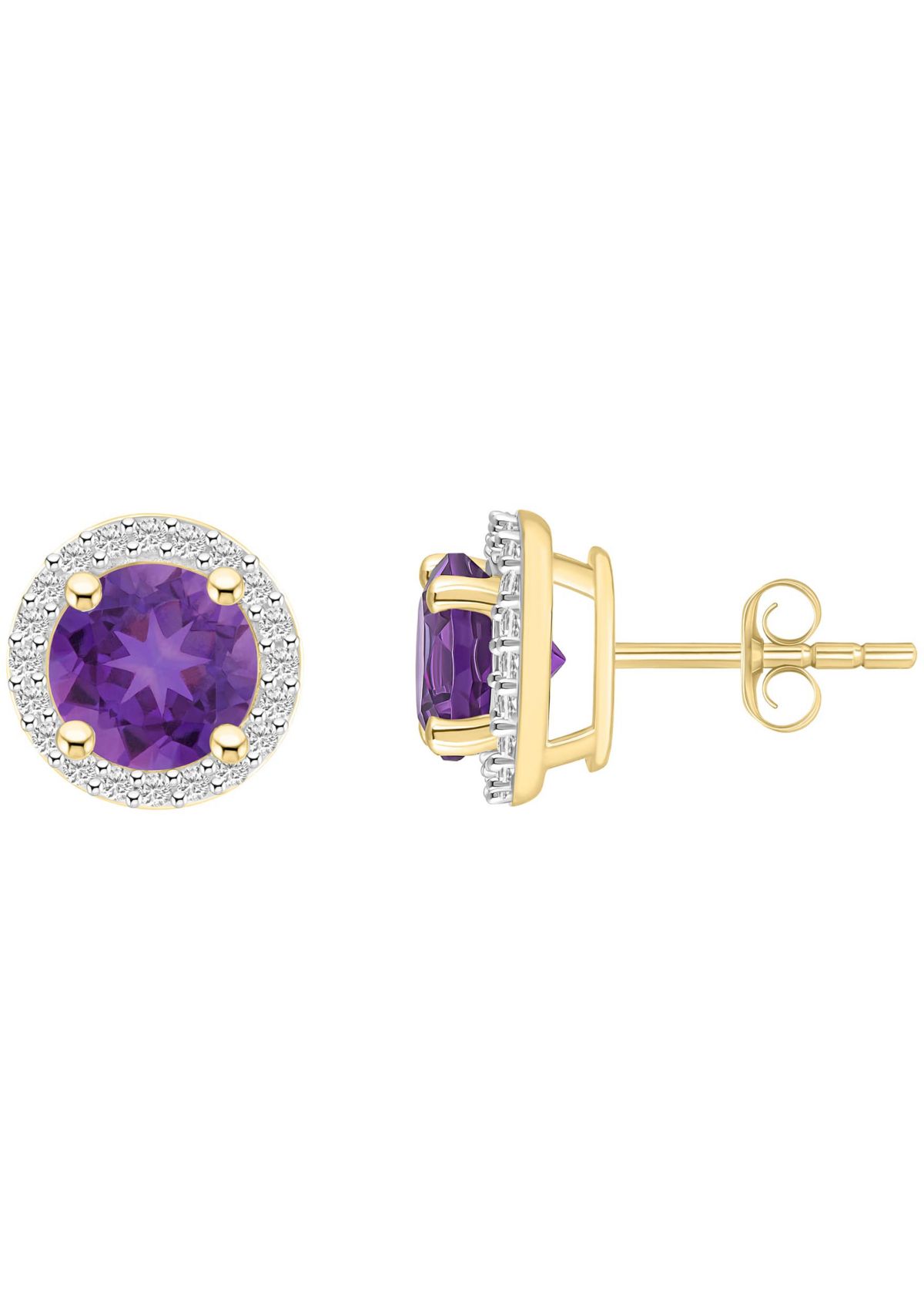 10K Yellow Gold 6mm Round Amethyst & Created White Sapphire Halo Stud Earrings