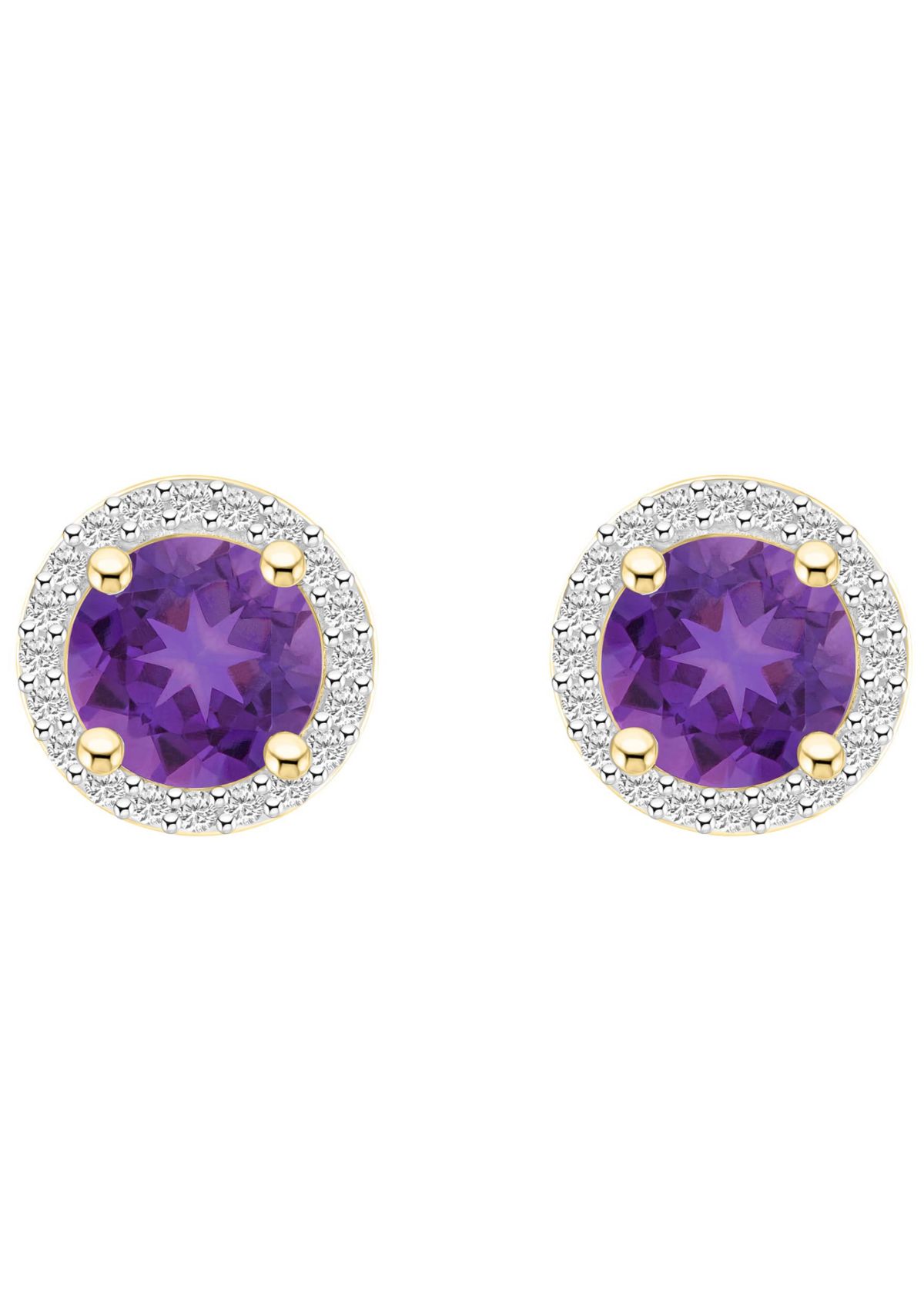 10K Yellow Gold 6mm Round Amethyst & Created White Sapphire Halo Stud Earrings