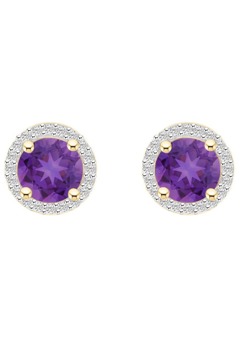 10K Yellow Gold 6mm Round Amethyst & Created White Sapphire Halo Stud Earrings