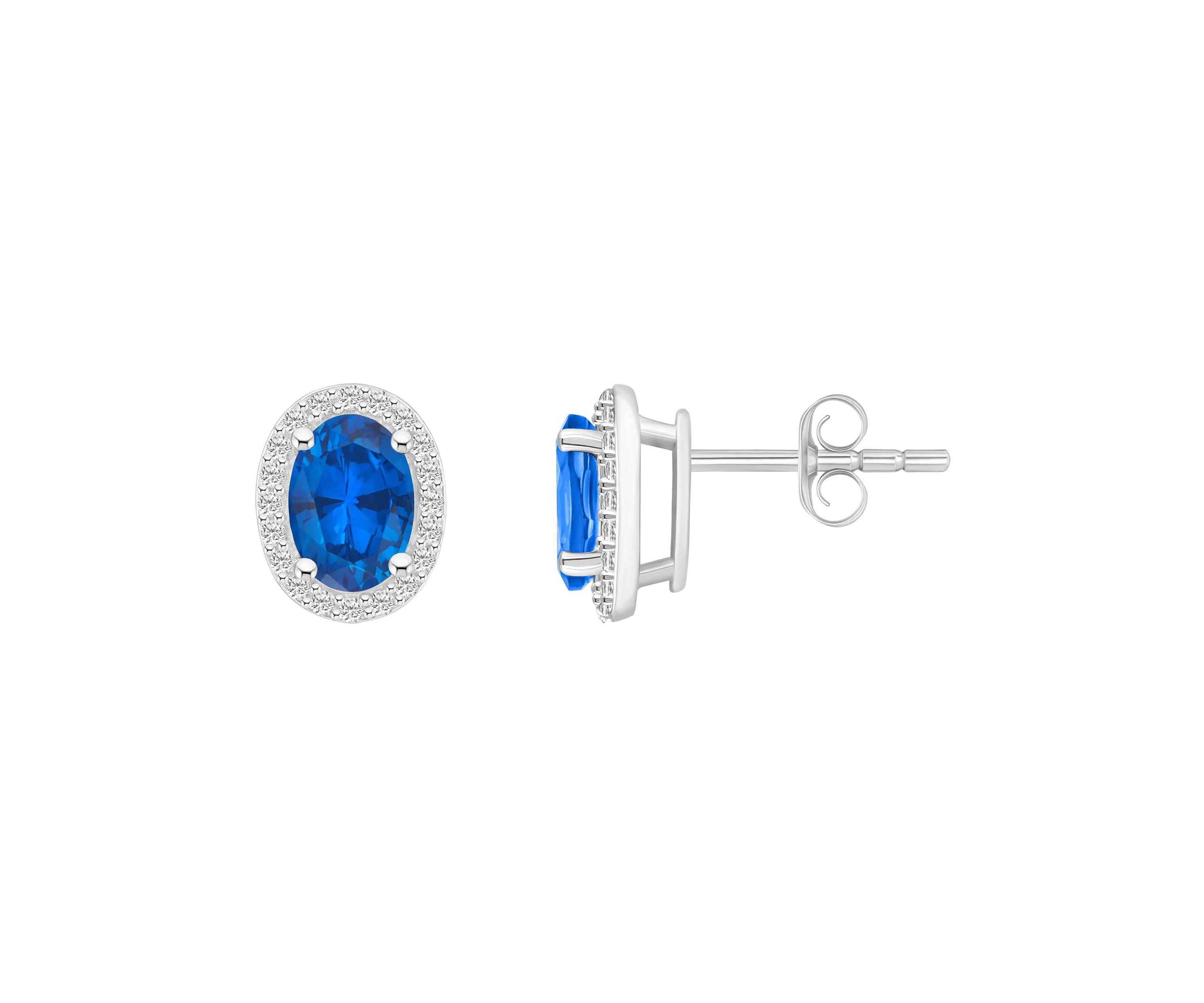 Lab Created 10K White Gold 7x5mm Oval Created Sapphire & Created White Sapphire Halo Stud Earrings