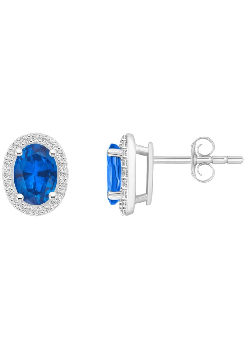 Lab Created 10K White Gold 7x5mm Oval Created Sapphire & Created White Sapphire Halo Stud Earrings