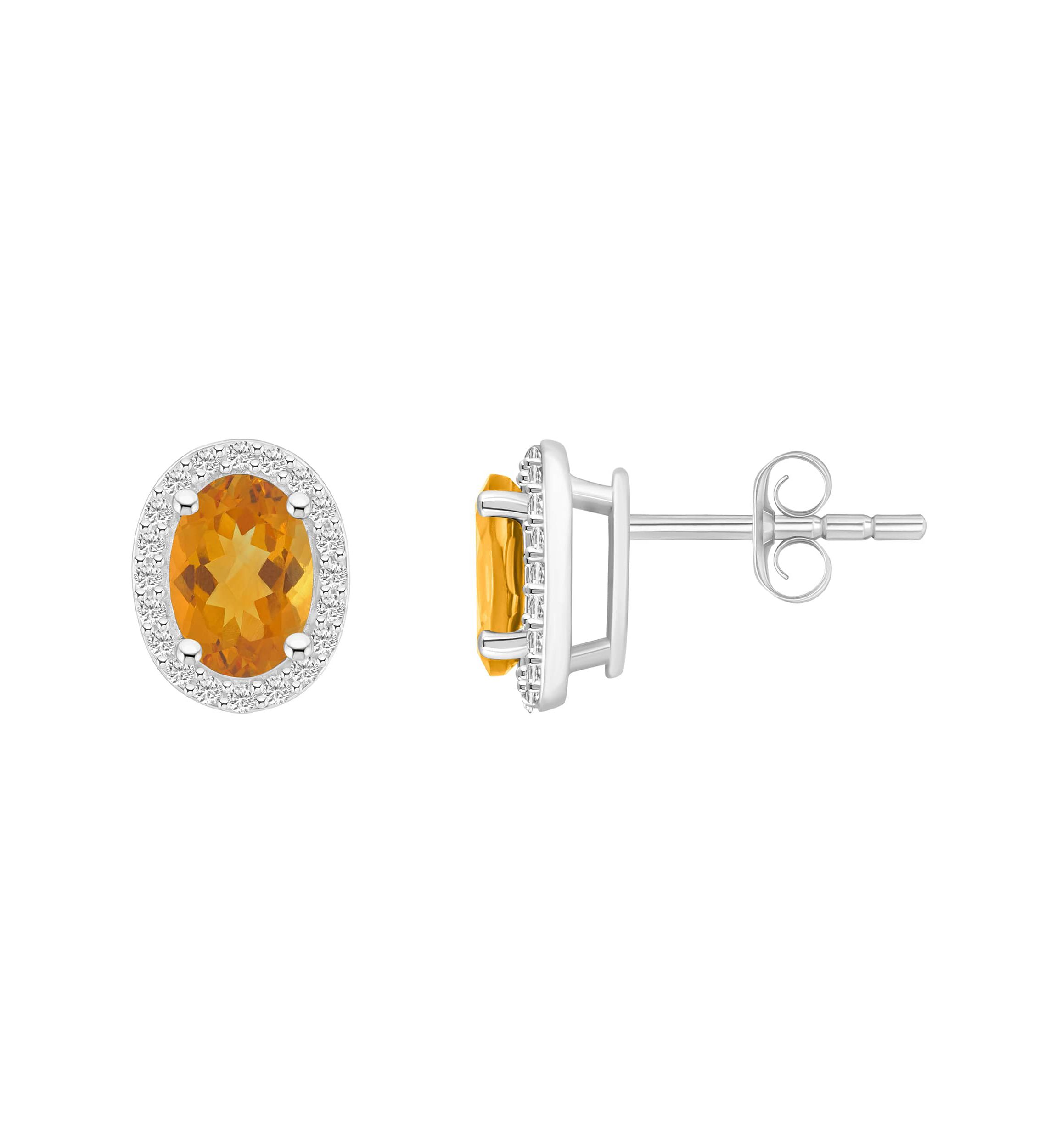 10K White Gold 7x5mm Oval Citrine & Created White Sapphire Halo Stud Earrings