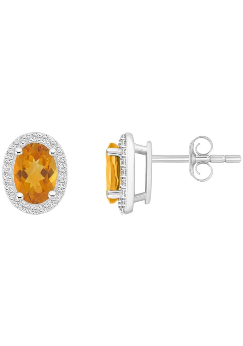 10K White Gold 7x5mm Oval Citrine & Created White Sapphire Halo Stud Earrings