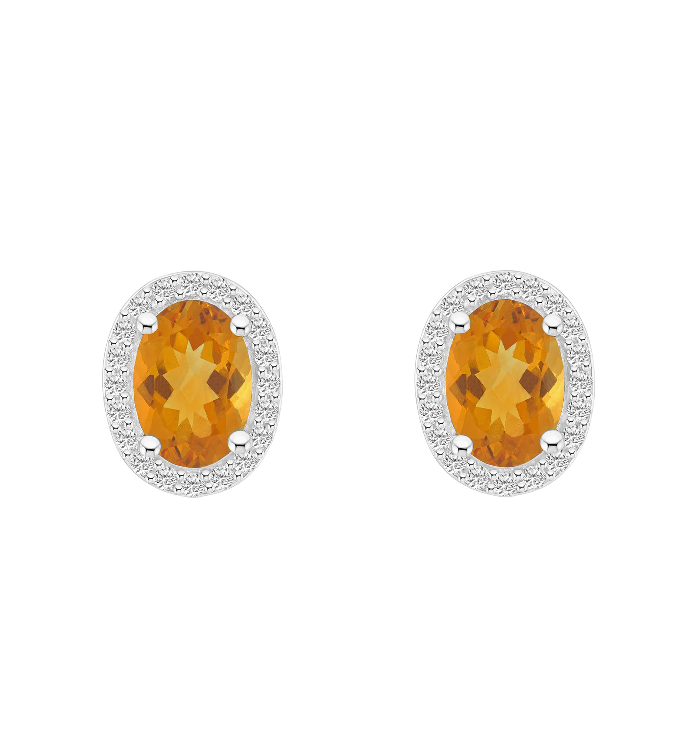 10K White Gold 7x5mm Oval Citrine & Created White Sapphire Halo Stud Earrings