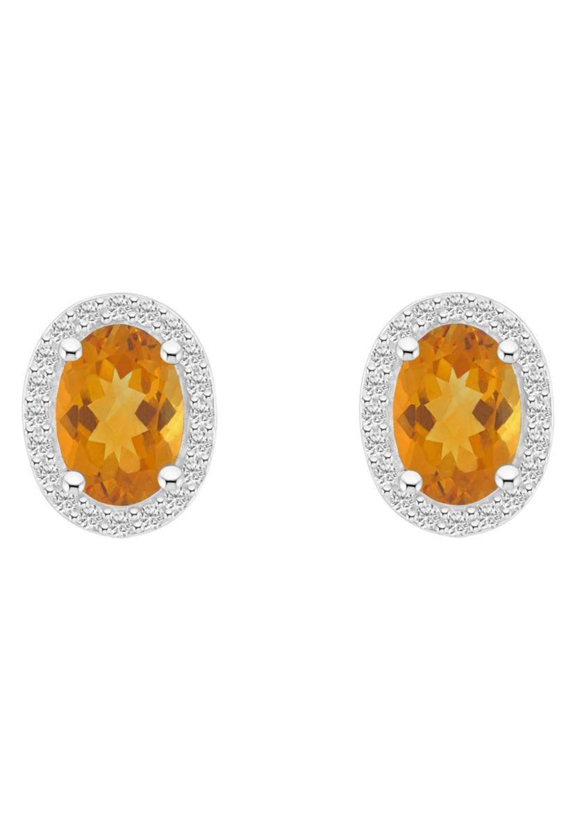 10K White Gold 7x5mm Oval Citrine & Created White Sapphire Halo Stud Earrings