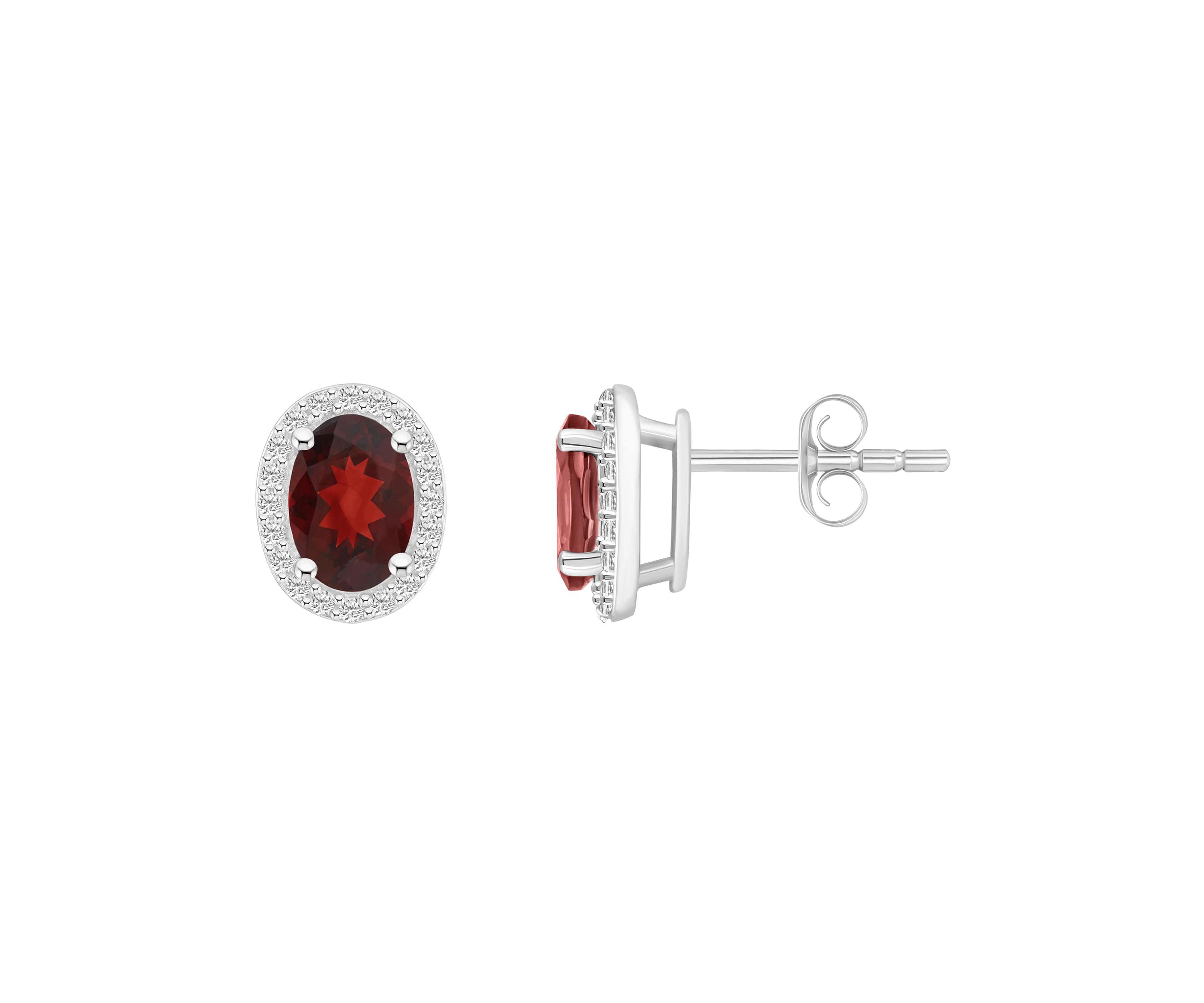 10K White Gold 7x5mm Oval Garnet & Created White Sapphire Halo Stud Earrings