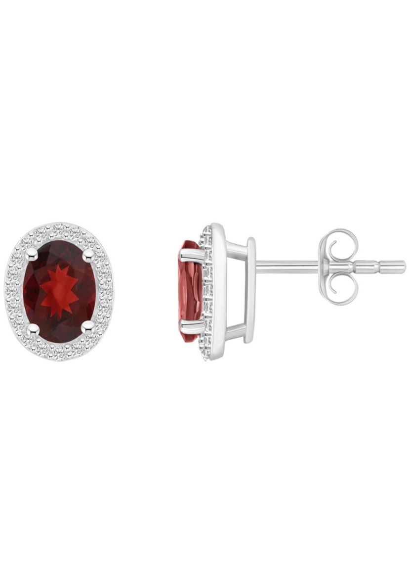 10K White Gold 7x5mm Oval Garnet & Created White Sapphire Halo Stud Earrings