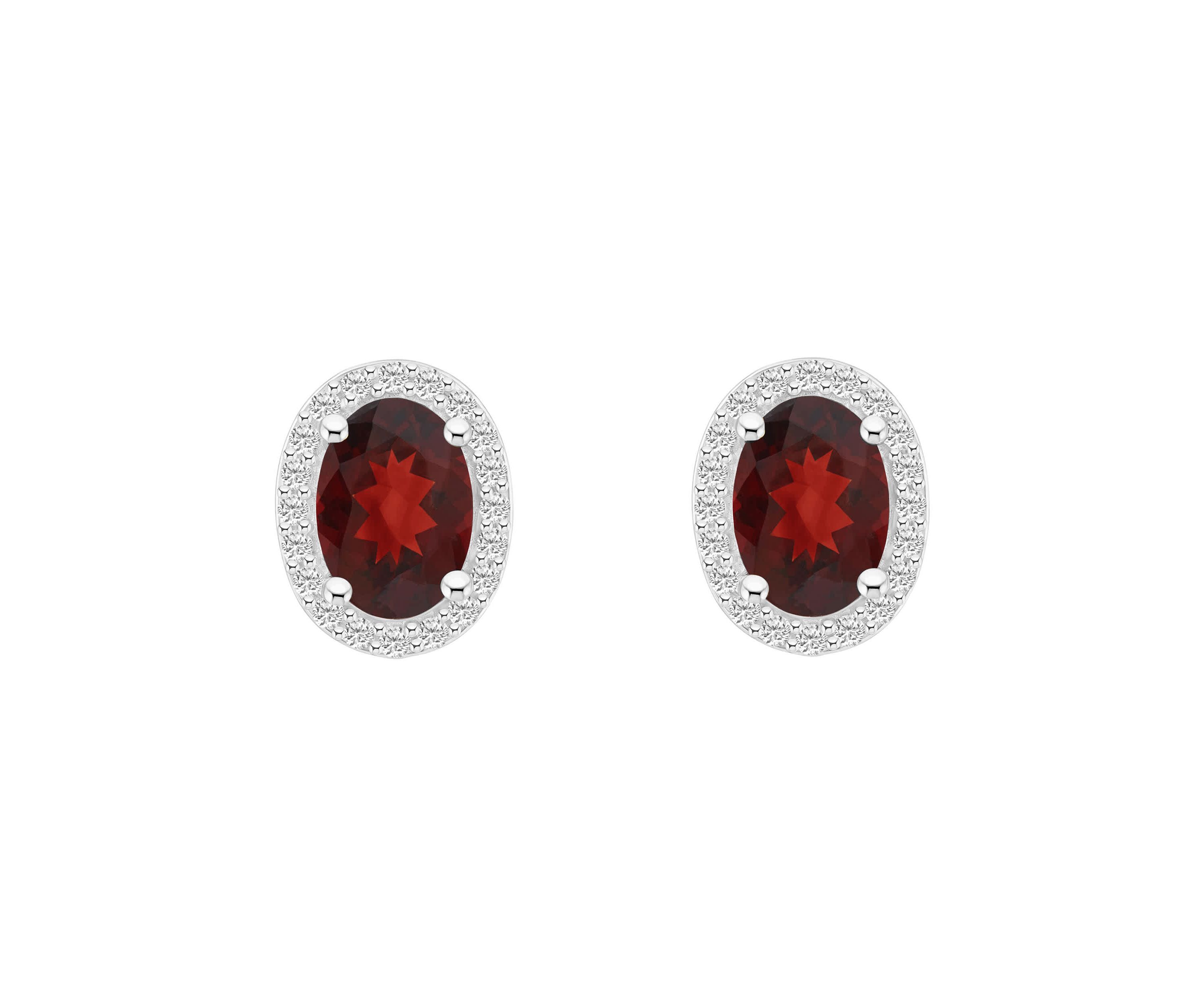 10K White Gold 7x5mm Oval Garnet & Created White Sapphire Halo Stud Earrings
