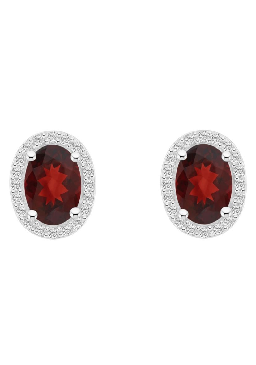 10K White Gold 7x5mm Oval Garnet & Created White Sapphire Halo Stud Earrings