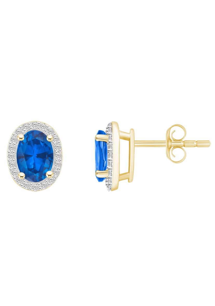 Lab Created 10K Yellow Gold 7x5mm Oval Created Sapphire And Created White Sapphire Halo Stud Earrings