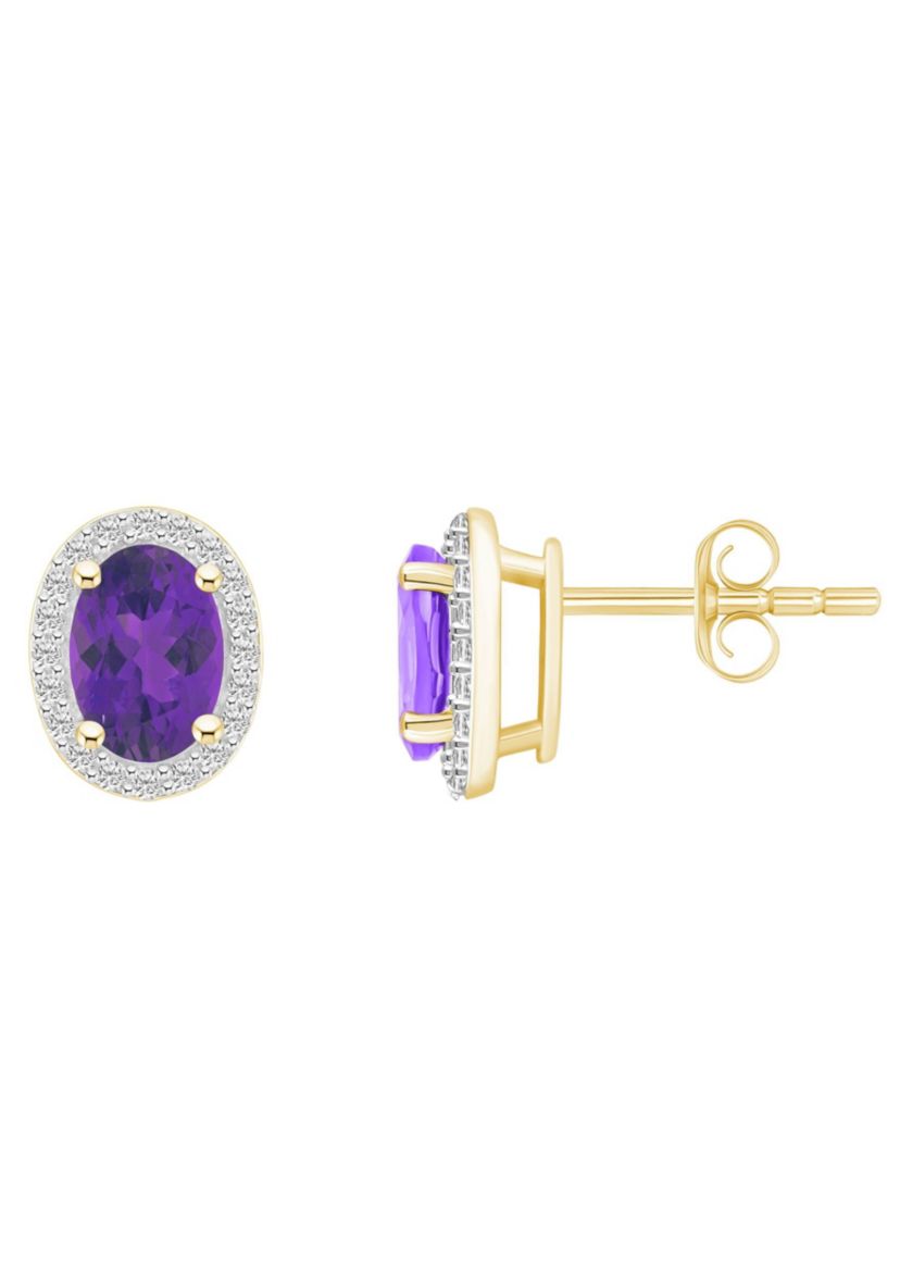 10K Yellow Gold 7x5mm Oval Amethyst And Created White Sapphire Halo Stud Earrings