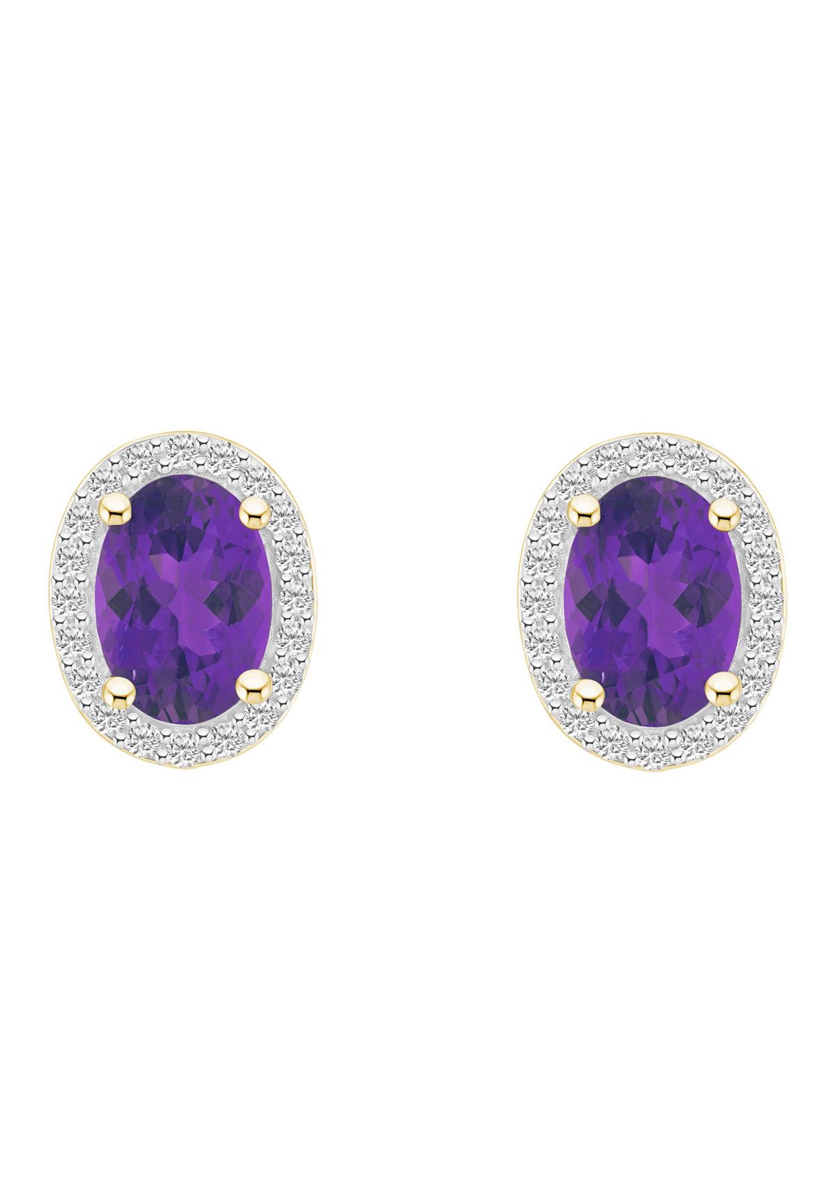 10K Yellow Gold 7x5mm Oval Amethyst And Created White Sapphire Halo Stud Earrings
